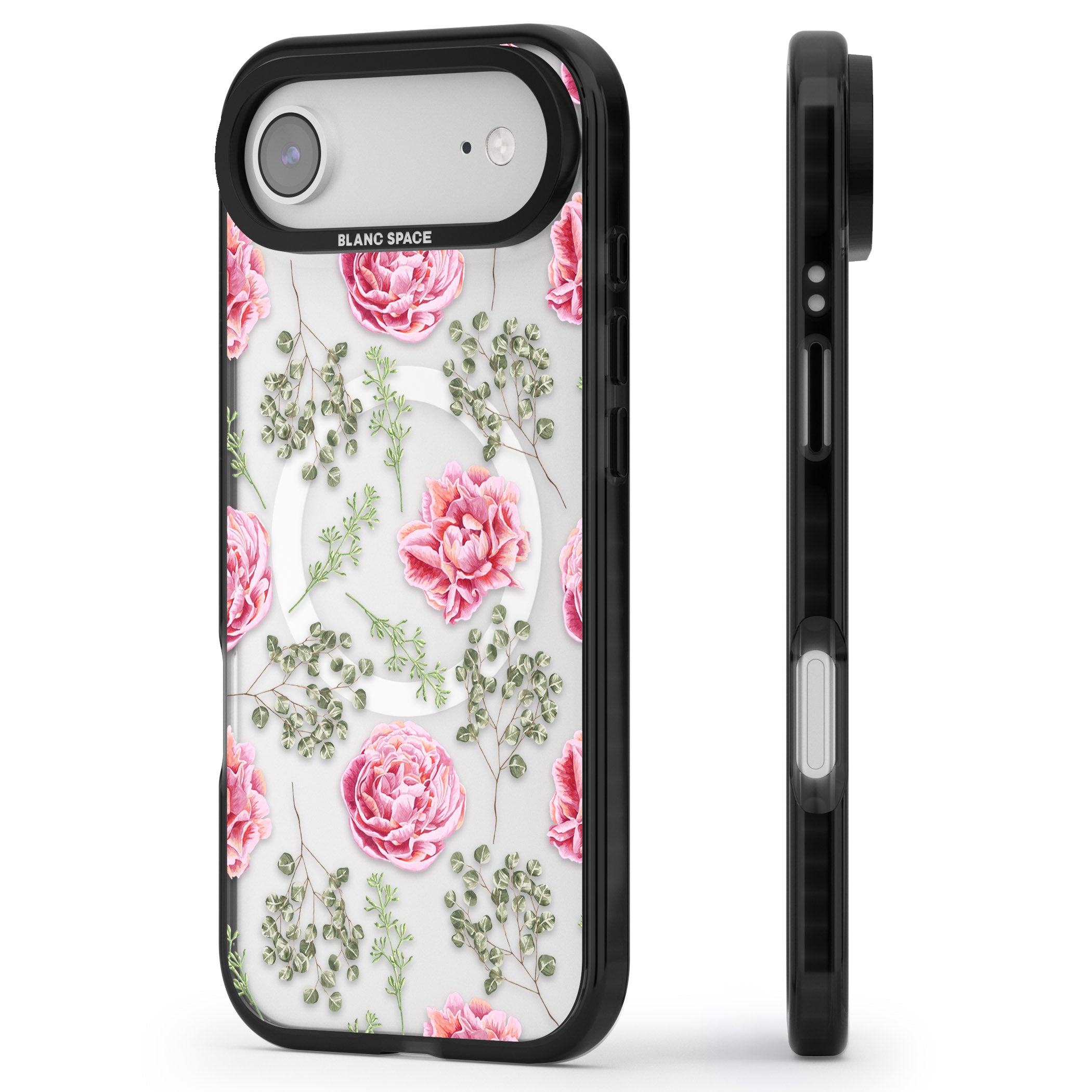 Roses & Eucalyptus Floral iPhone 17 Air Impact Pro Black Phone Case Side Profile