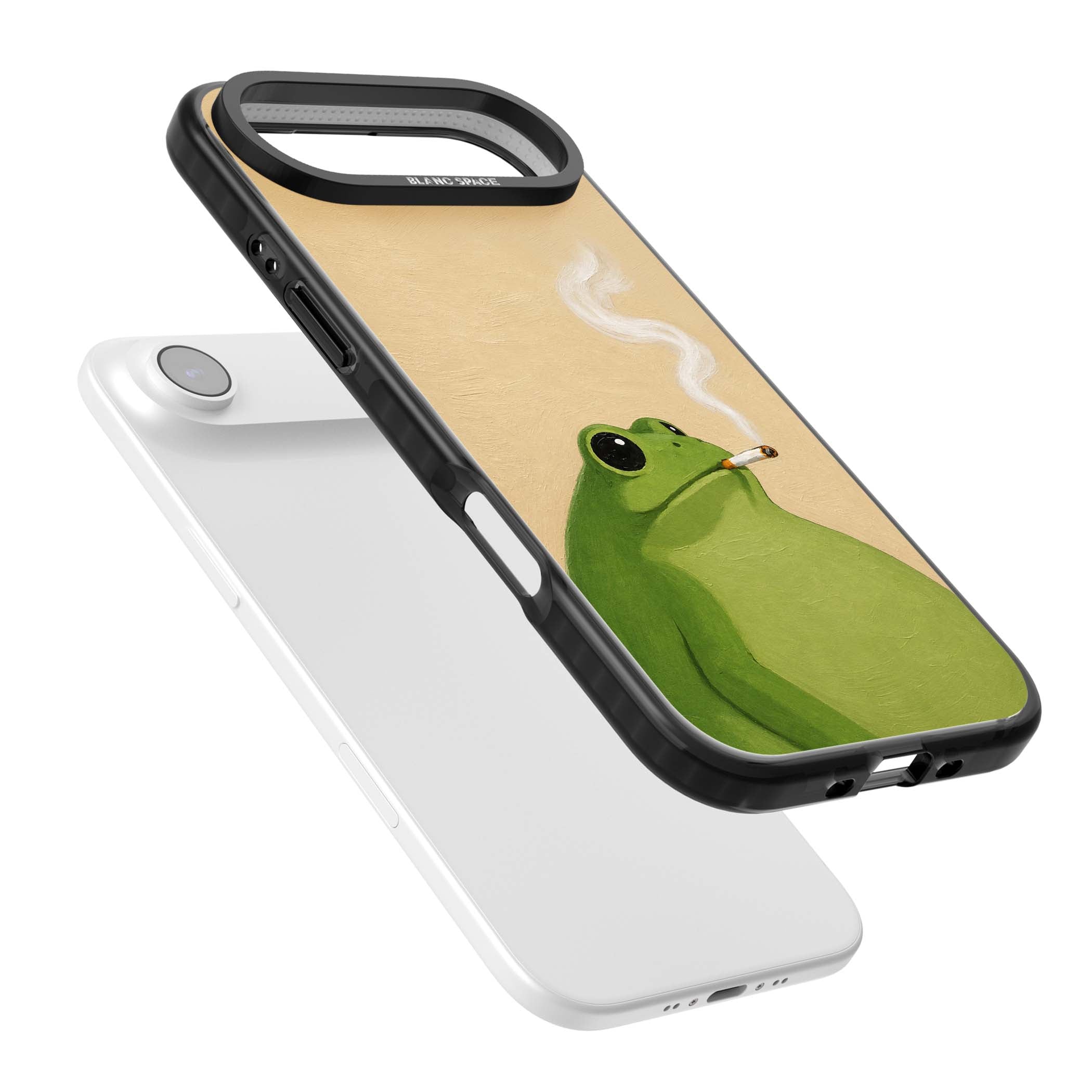 The Smoking Frog cottagecore iPhone case featuring a hand-painted green frog smoking a cigarette on a cream oil painting back | Black Impact Magsafe case for iPhone Air