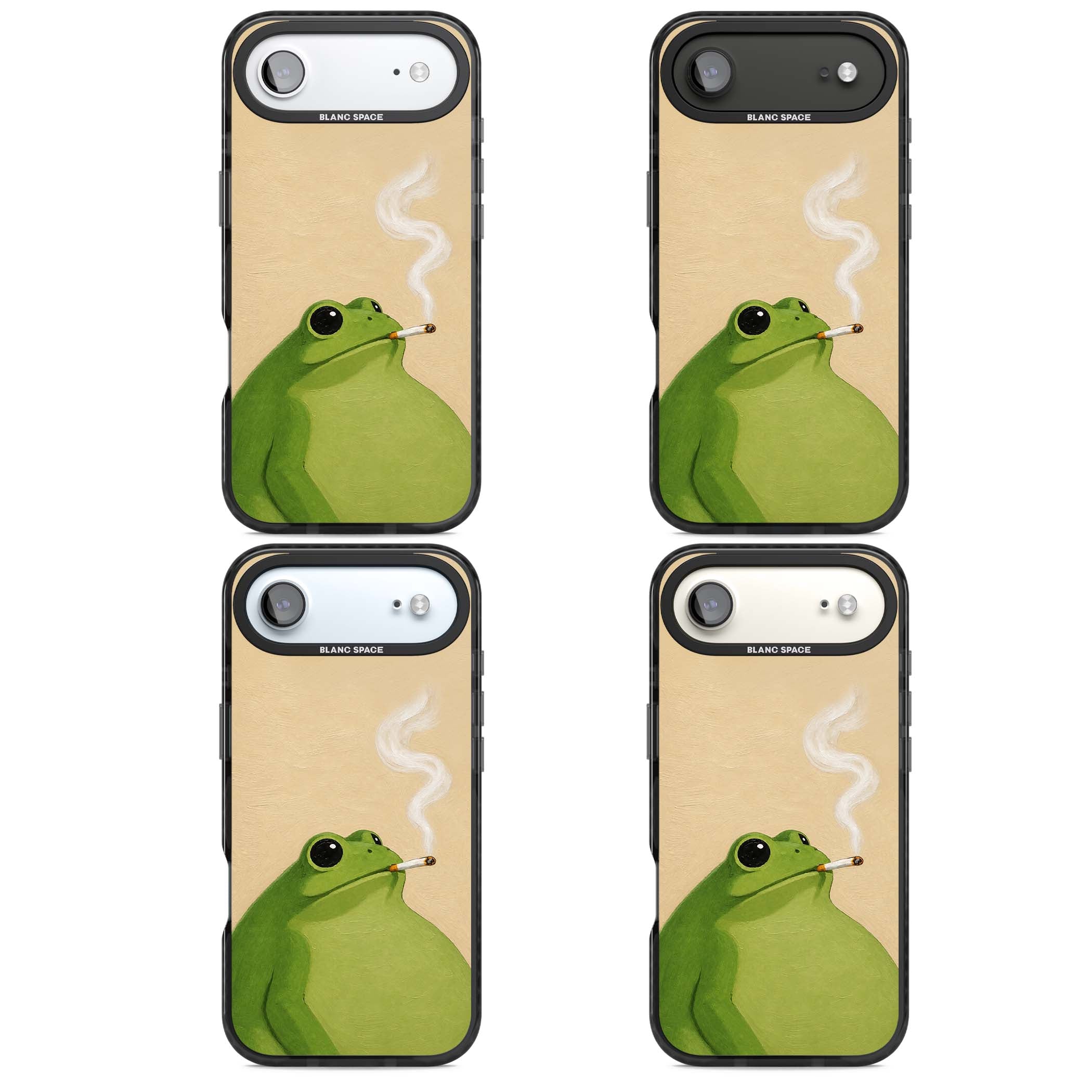 The Smoking Frog cottagecore iPhone case featuring a hand-painted green frog smoking a cigarette on a cream oil painting back | Black Impact Magsafe case for iPhone Air