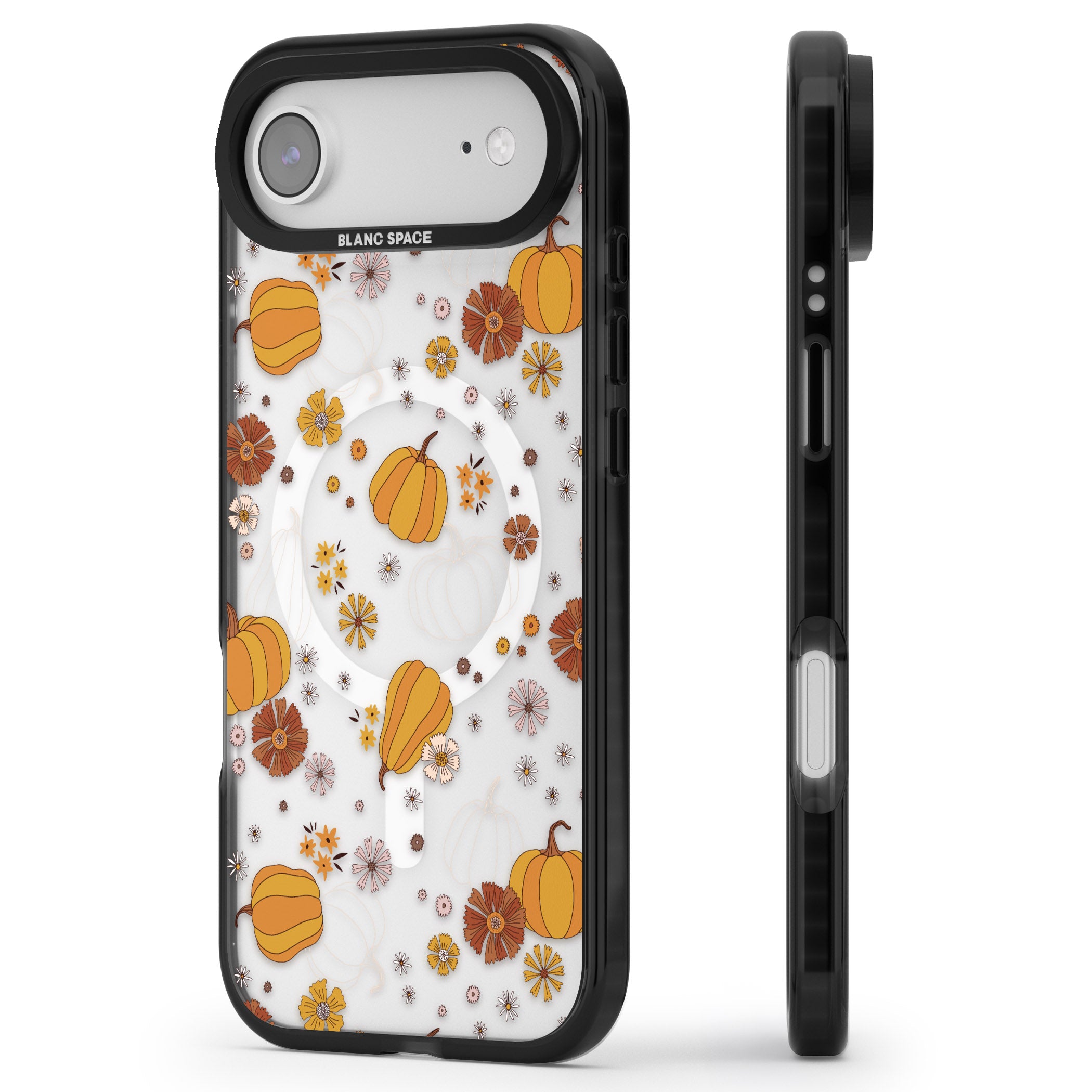 Halloween Pumpkins And Flowers iPhone 17 Air Impact Pro Black Phone Case Side Profile