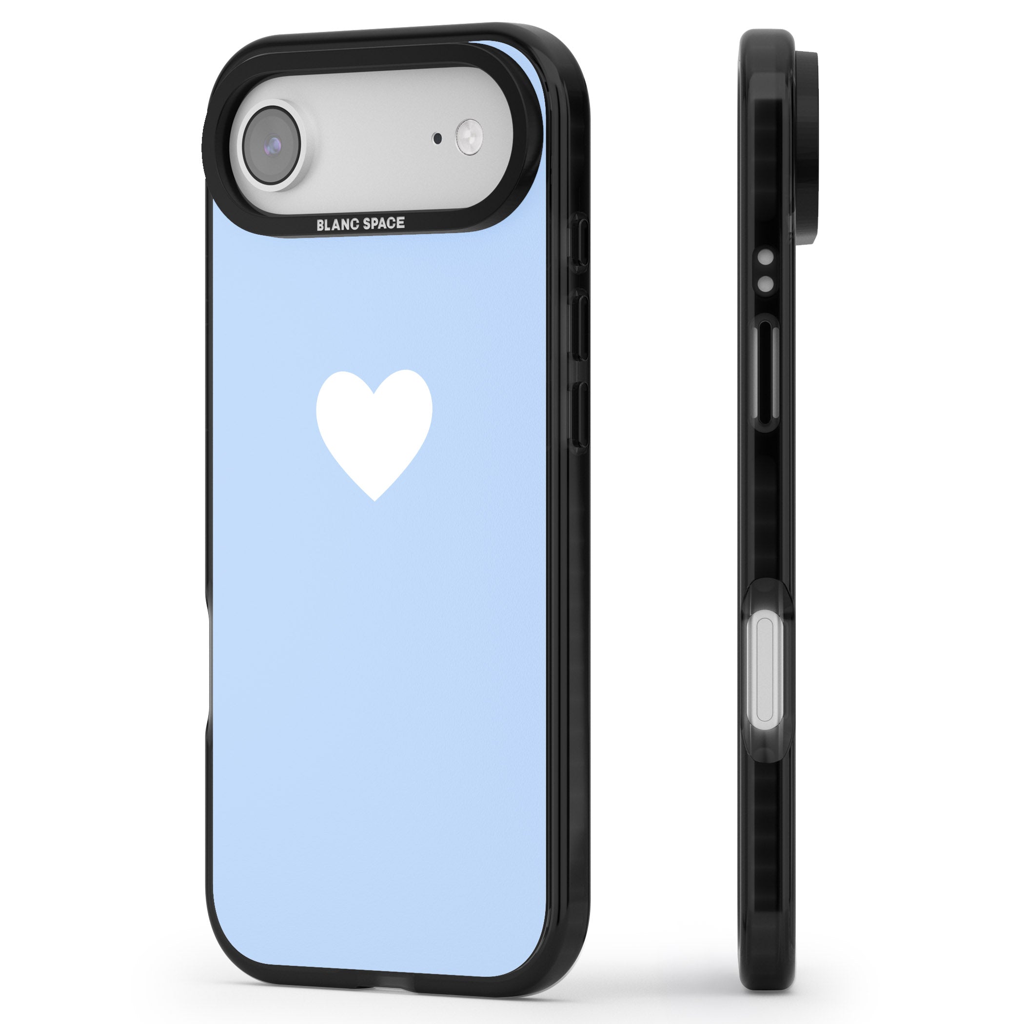 Single Heart Design: White & Baby Blue iPhone 17 Air Impact Pro Black Phone Case Side Profile
