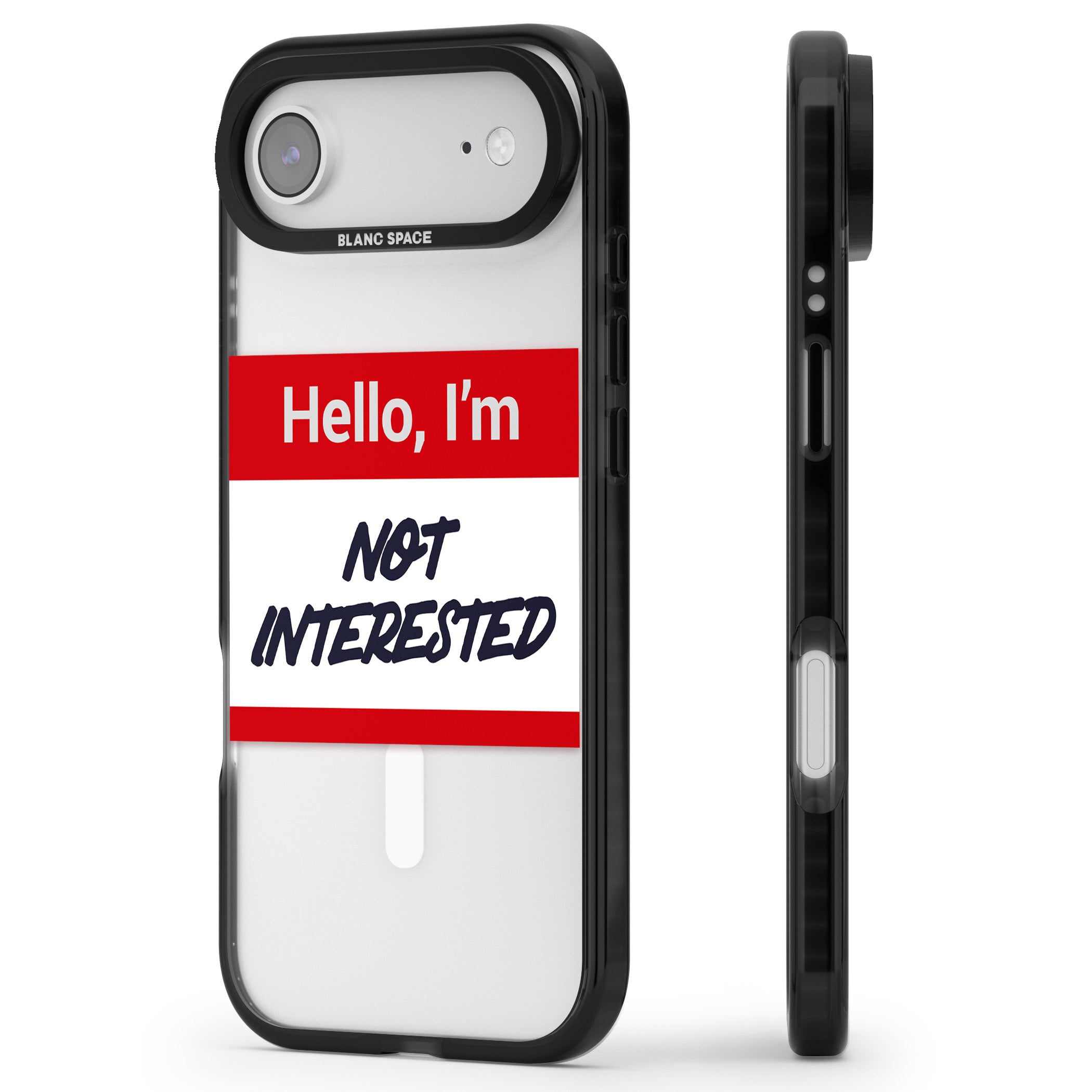 Funny Hello Name Tag Not Interested iPhone 17 Air Impact Pro Black Phone Case Side Profile