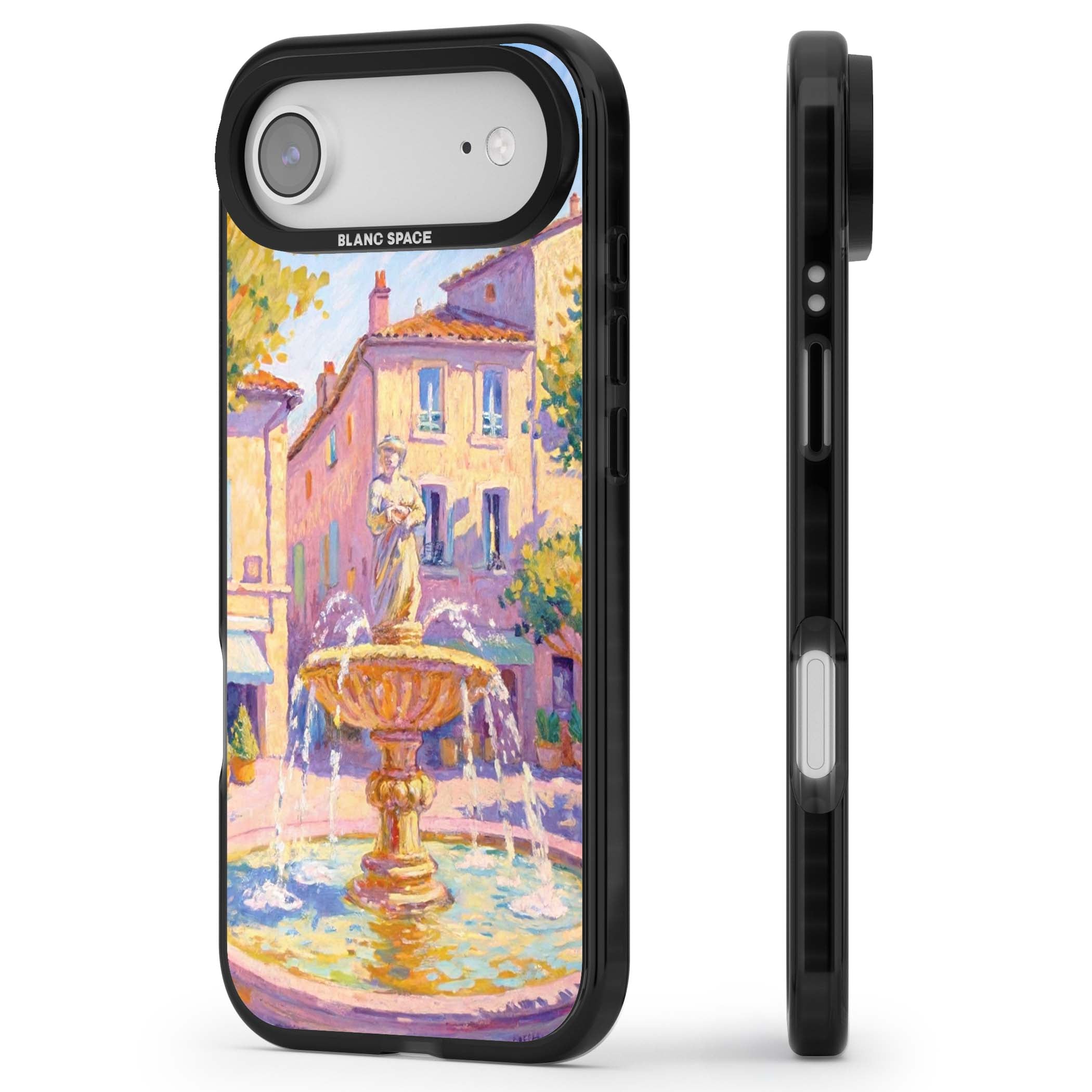 Fountain Square fine art iPhone case featuring an impressionist Provençal fountain, pastel village buildings and summe | Black Impact Magsafe case for iPhone Air