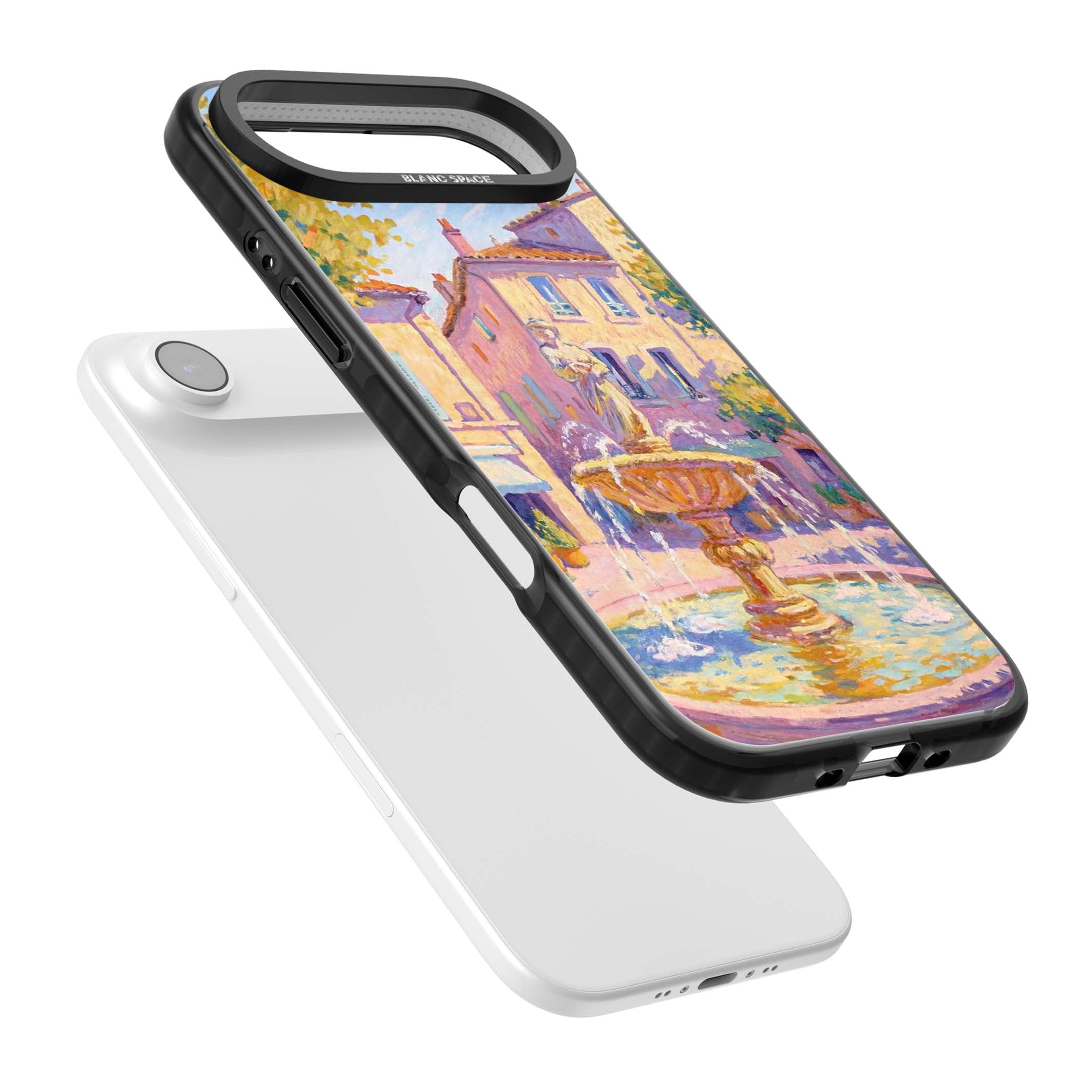 Fountain Square fine art iPhone case featuring an impressionist Provençal fountain, pastel village buildings and summe | Black Impact Magsafe case for iPhone Air