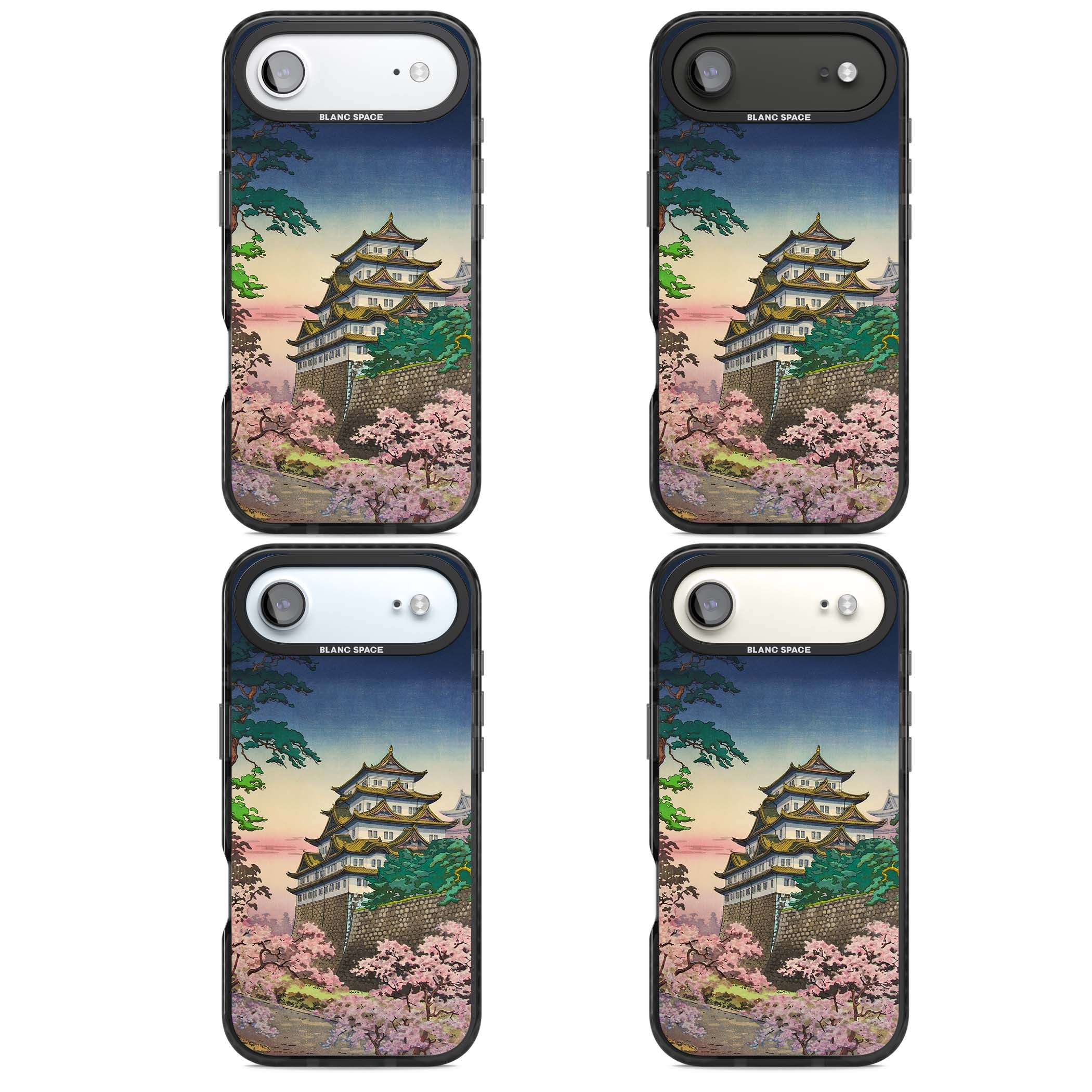 Nagoya Castle Japanese iPhone case featuring a vintage pagoda, twilight sky and cherry blossom trees | Black Impact Magsafe case for iPhone Air