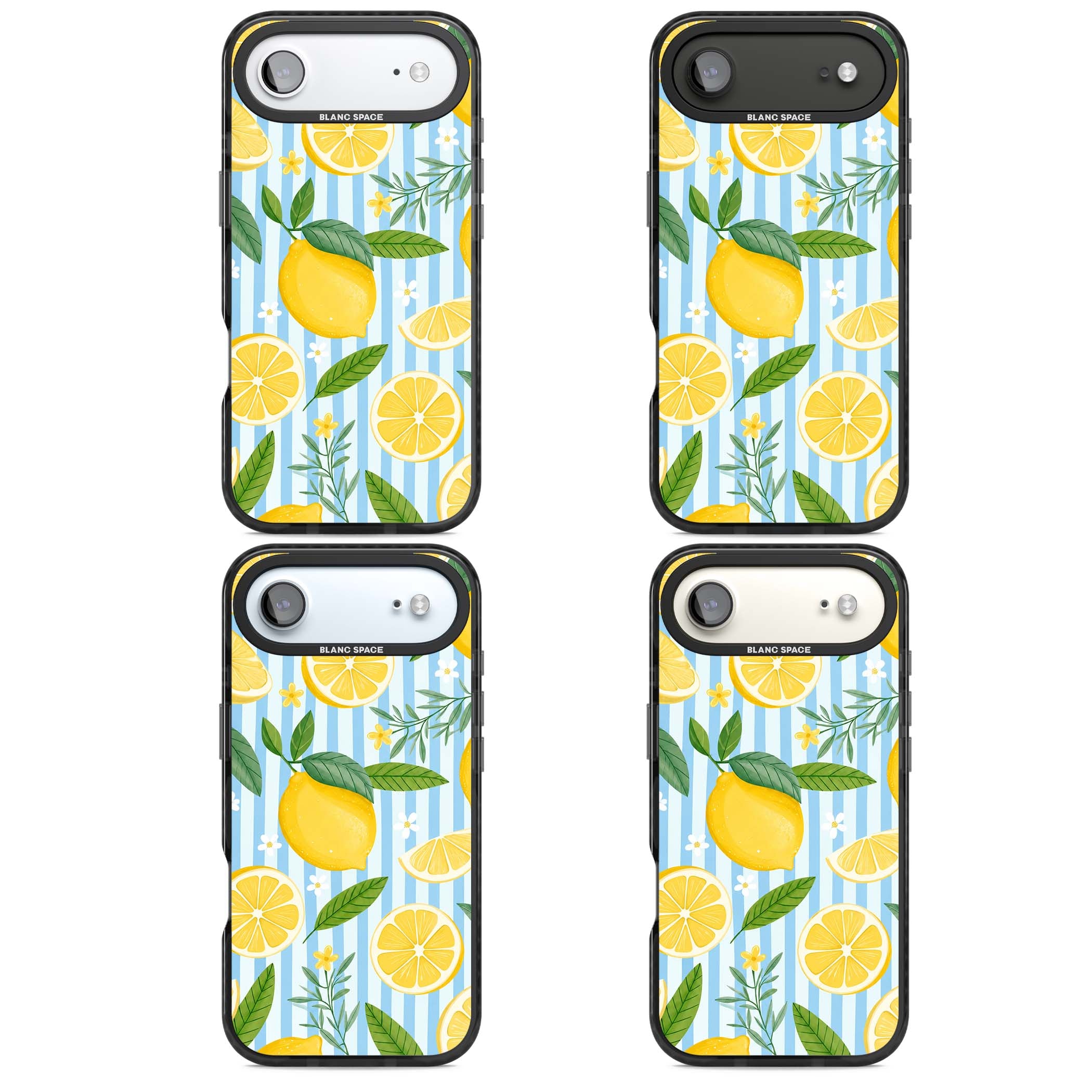 Capri Citrus Stripe coastal iPhone case featuring yellow lemons, blue stripes, and white daisy blossoms | Black Impact Magsafe case for iPhone Air