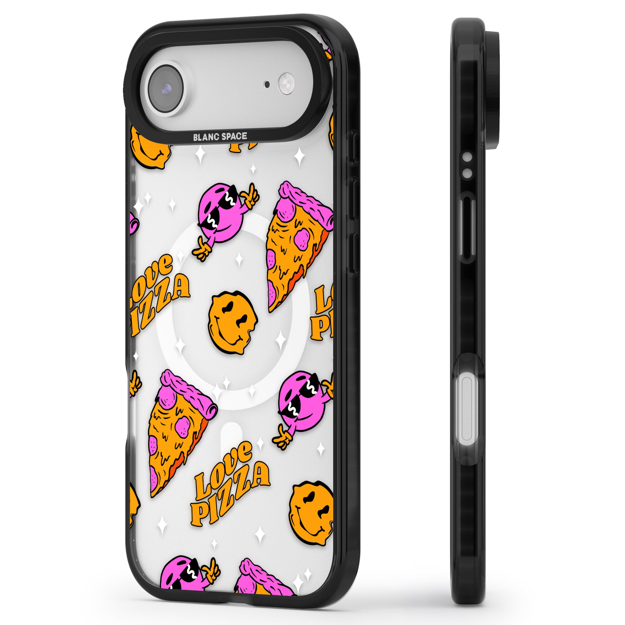 Psychedelic Love Pizza Pattern (Clear) iPhone 17 Air Impact Pro Black Phone Case Side Profile
