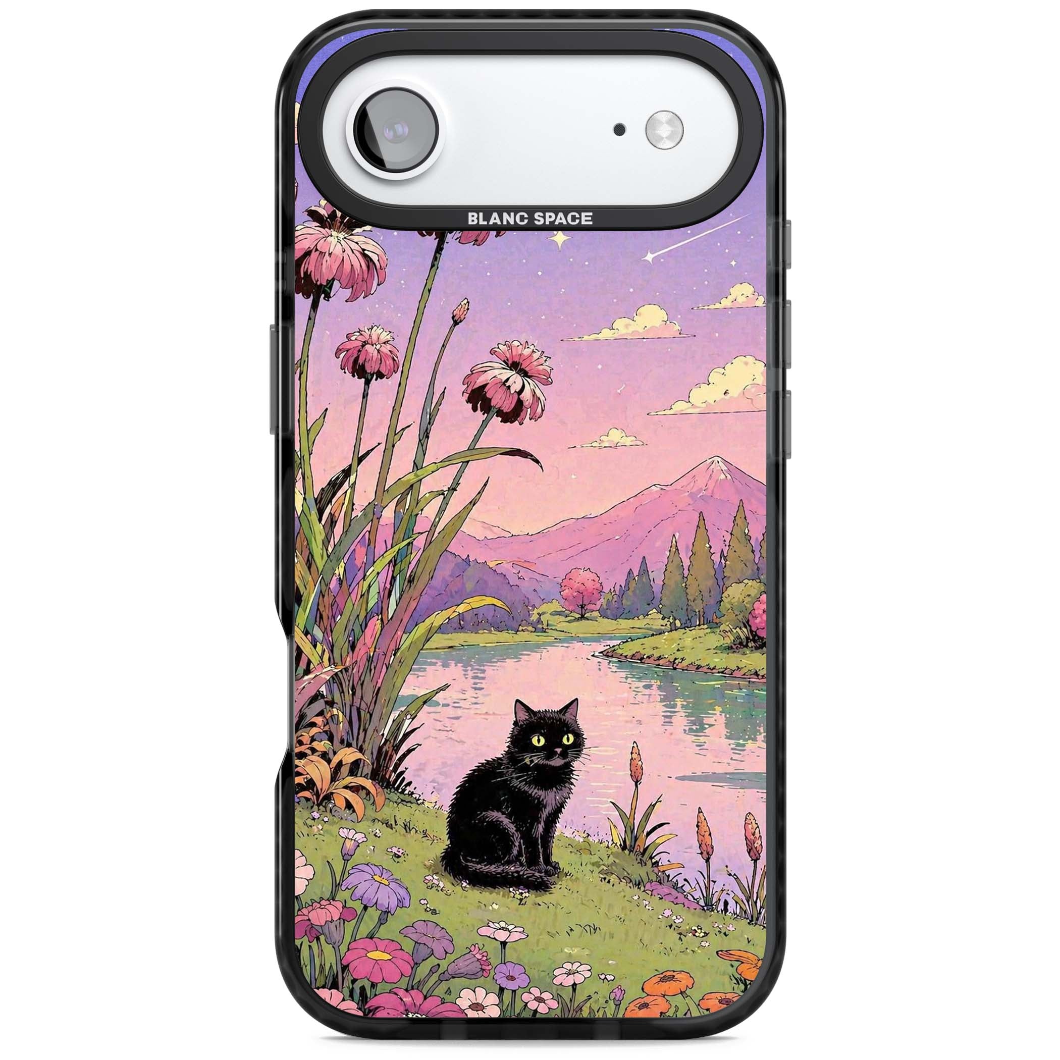 Mystic Whiskers ghibli iPhone case featuring a black cat by a pastel lake, wildflowers and a starry sunset sky | Black Impact Magsafe case for iPhone Air
