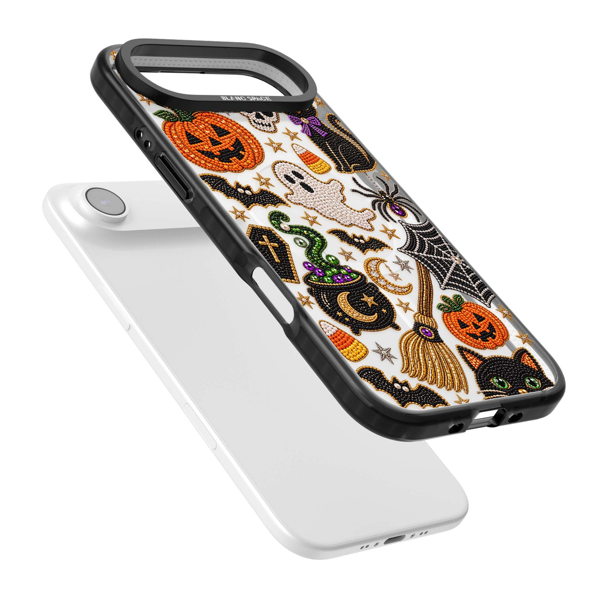 Beaded Halloween Halloween iPhone case featuring beaded pumpkins, ghosts, black cats and bats | Black Impact Magsafe case for iPhone Air