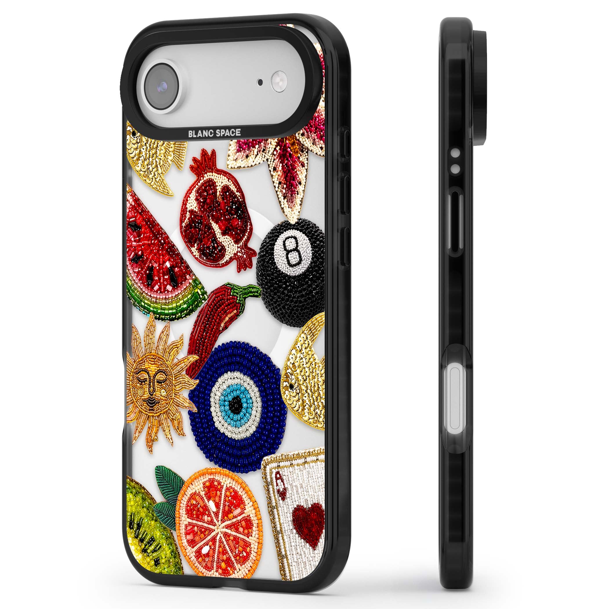 Beaded Charms embroidery iPhone case featuring beaded evil eye, fruit patches and a golden sun motif | Black Impact Magsafe case for iPhone Air