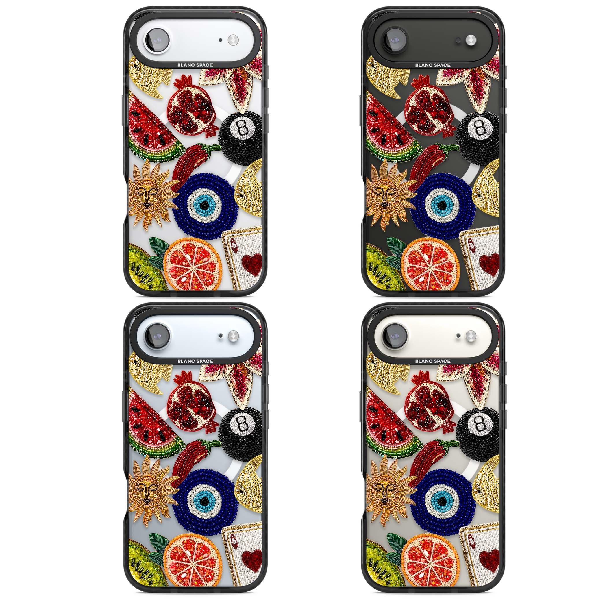 Beaded Charms embroidery iPhone case featuring beaded evil eye, fruit patches and a golden sun motif | Black Impact Magsafe case for iPhone Air