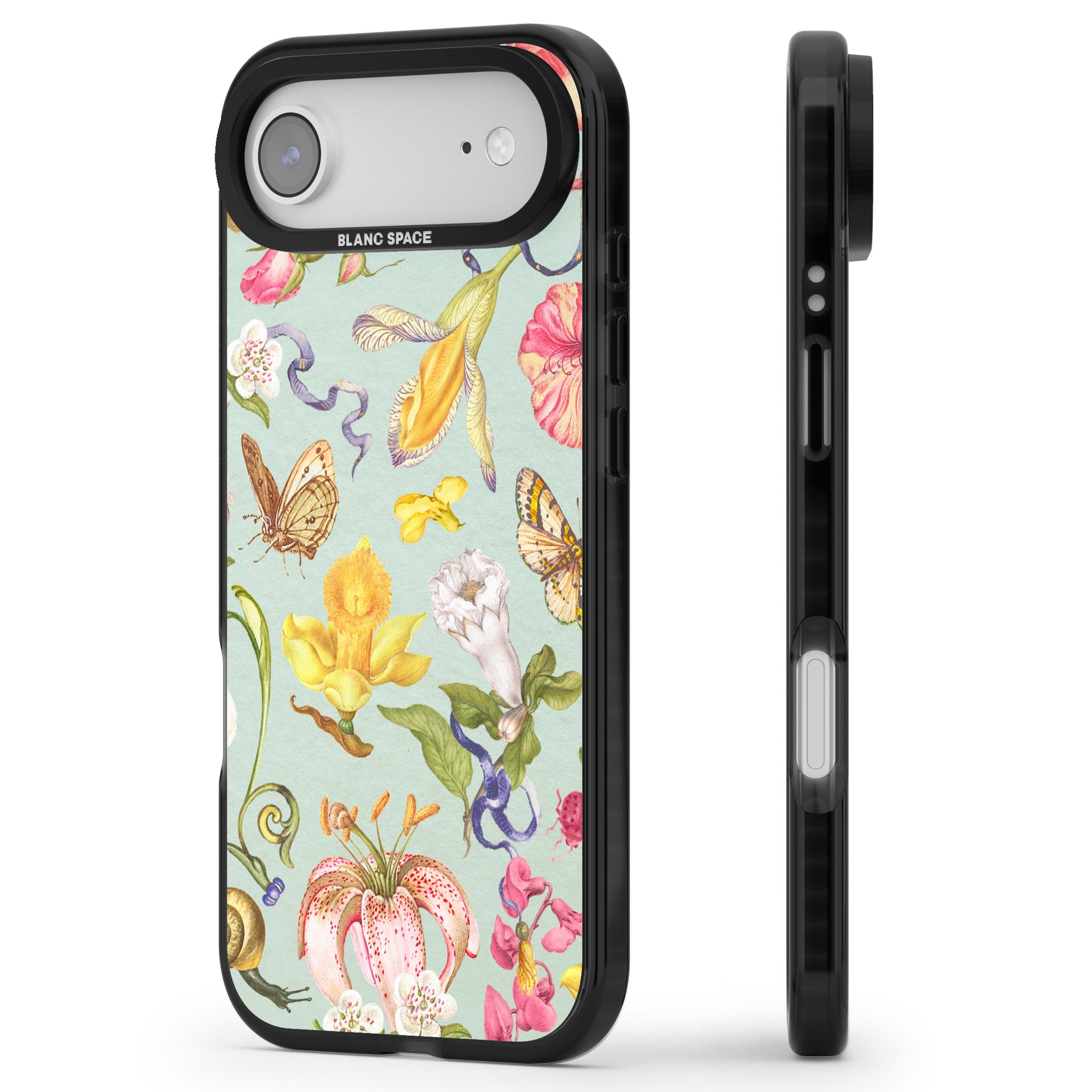 Blue Vintage Painted Flowers iPhone 17 Air Impact Pro Black Phone Case Side Profile
