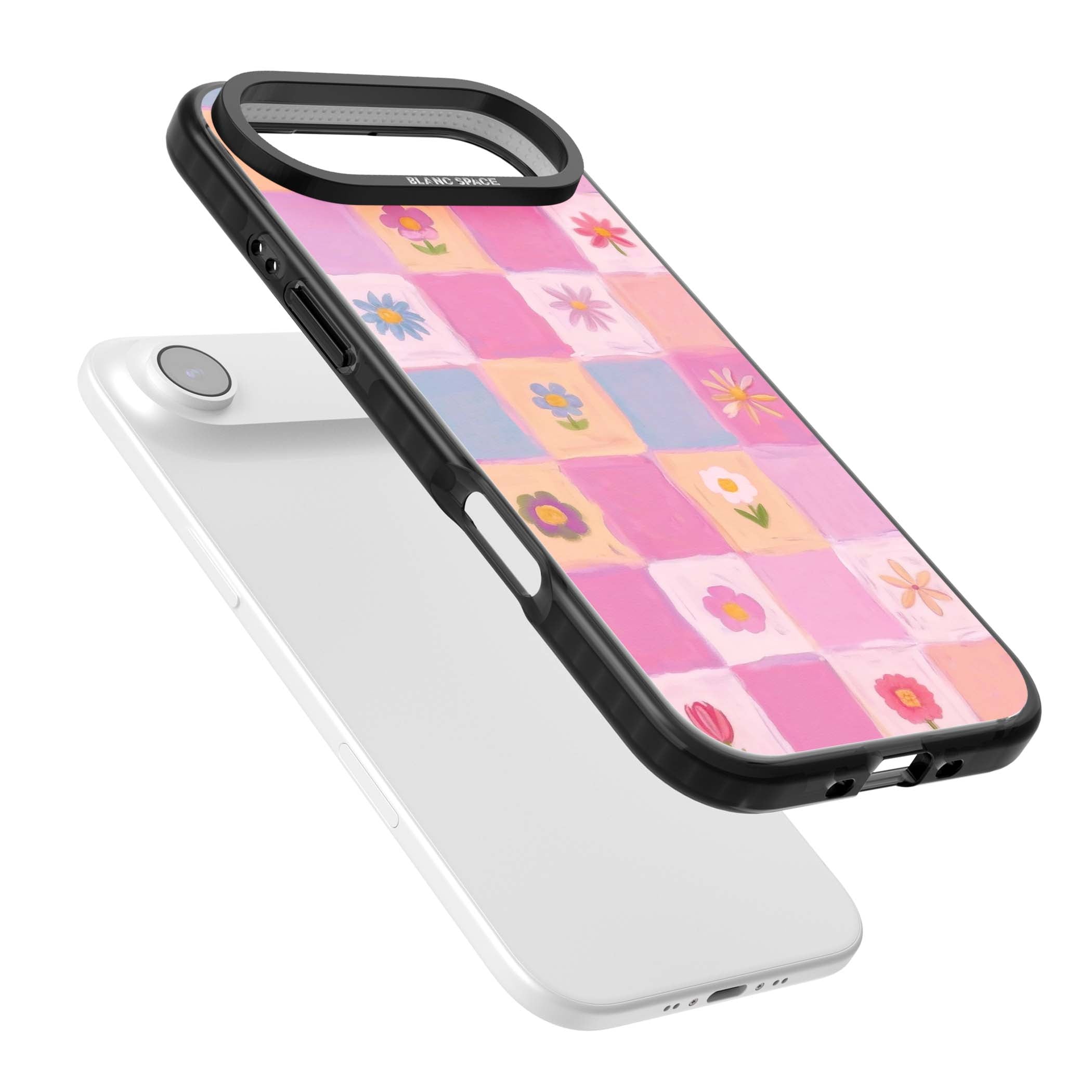 Pastel Flower Patchwork cottagecore iPhone case featuring painted pink and lilac squares with daisies and wildflowers | Black Impact Magsafe case for iPhone Air