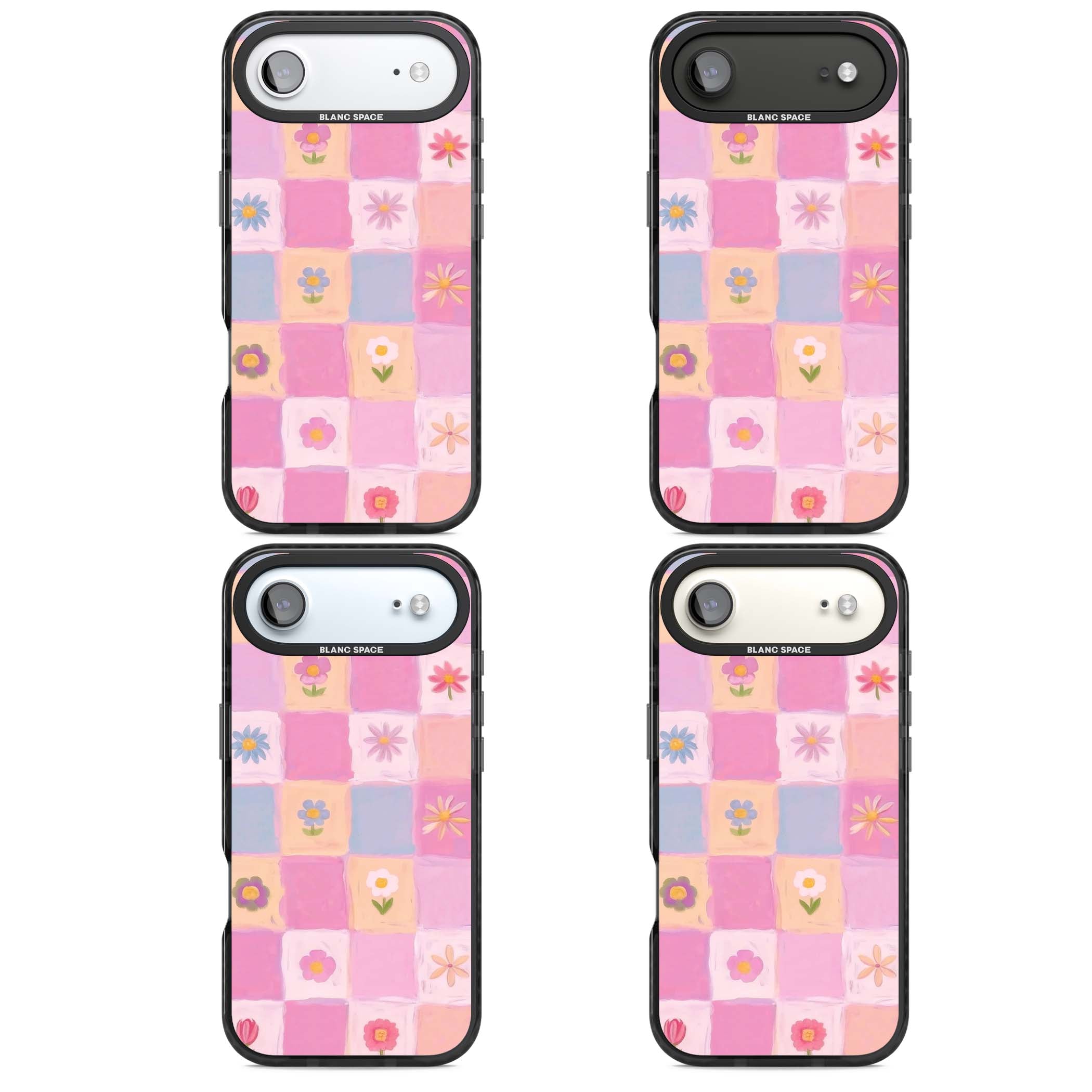 Pastel Flower Patchwork cottagecore iPhone case featuring painted pink and lilac squares with daisies and wildflowers | Black Impact Magsafe case for iPhone Air