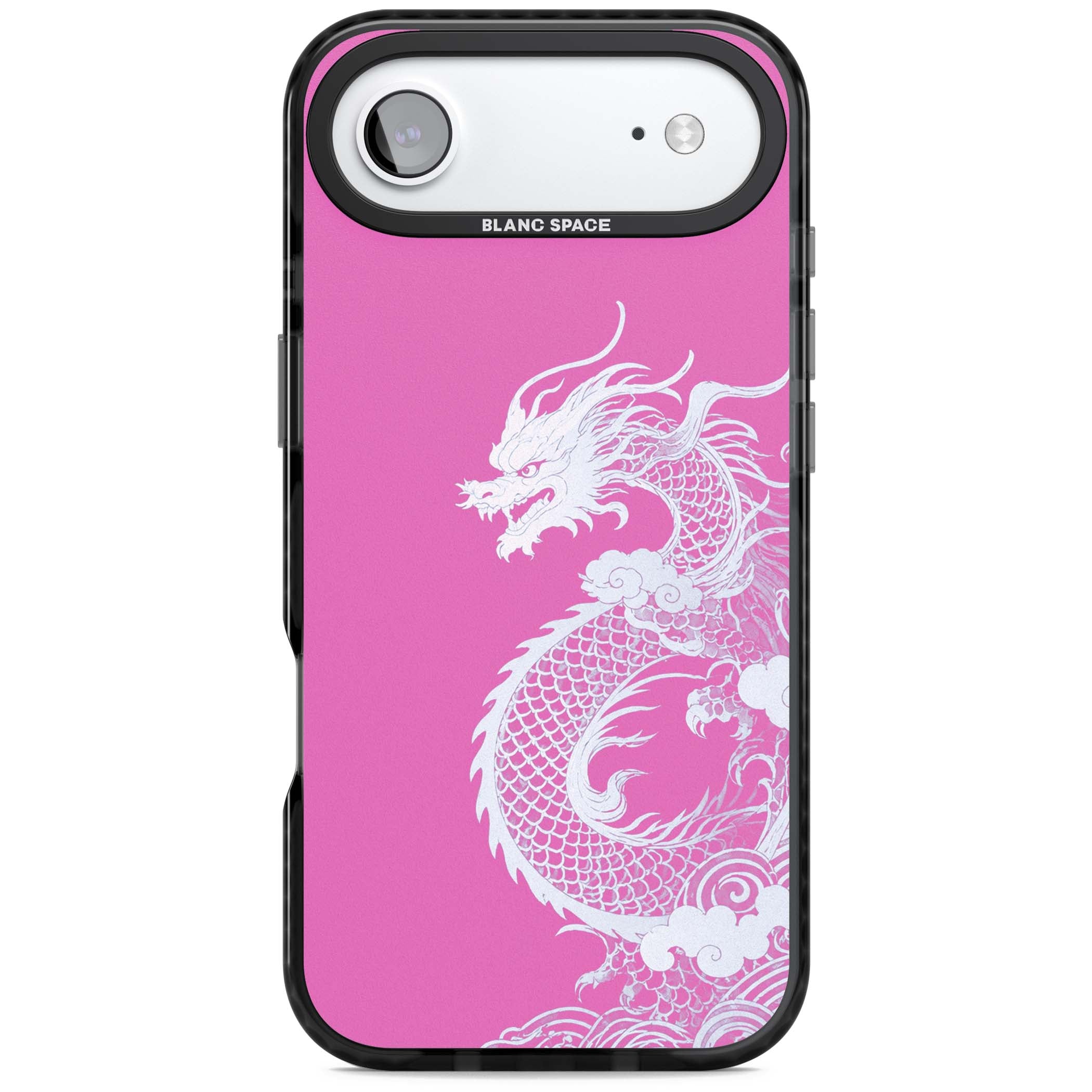 Pink Empress chinese dragon iPhone case featuring a white dragon, swirling clouds and pink dragon wallpaper backdrop | Black Impact Magsafe case for iPhone Air