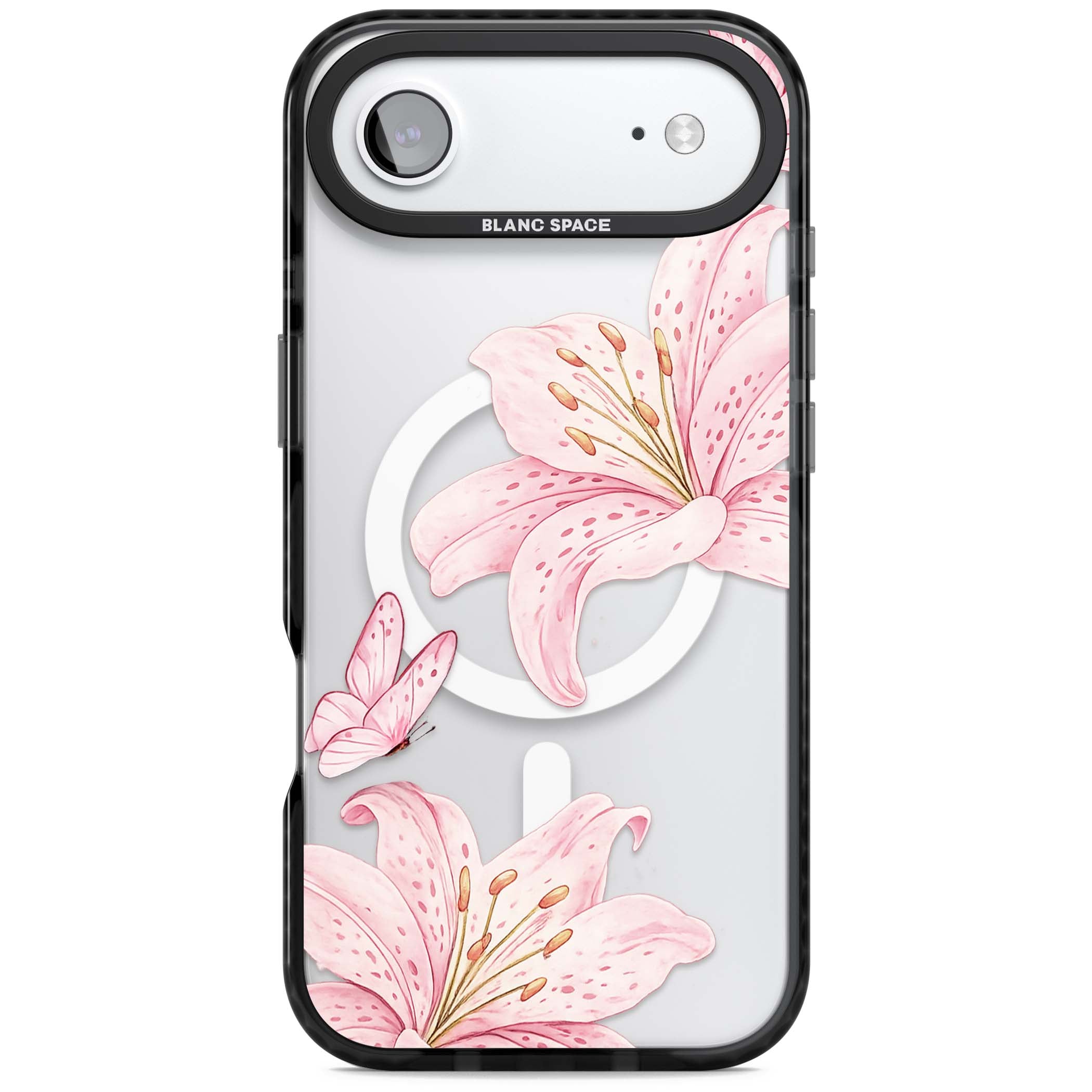 Lily Whisper floral iPhone case featuring pink watercolour lilies and delicate butterflies on a clear background | Black Impact Magsafe case for iPhone Air