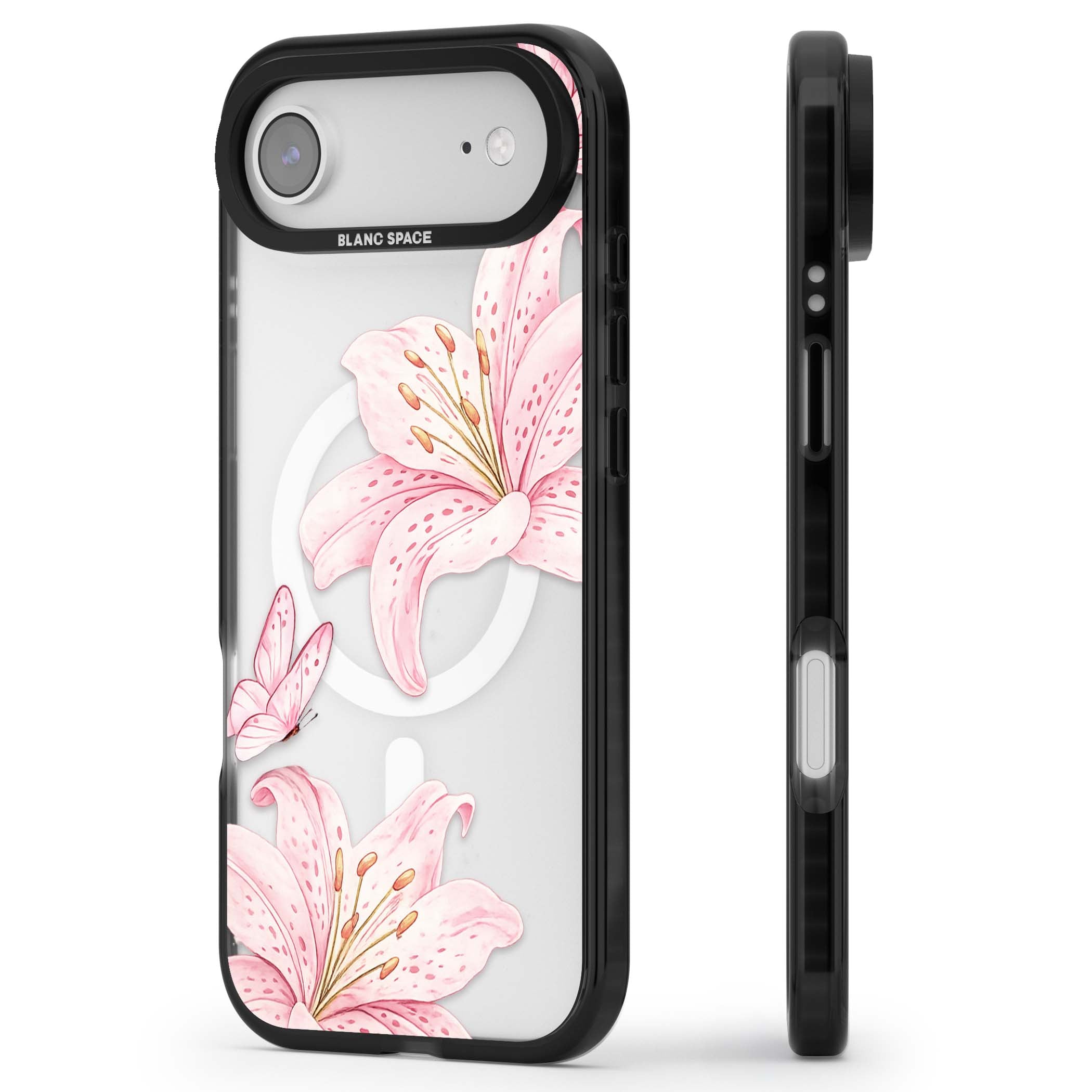 Lily Whisper floral iPhone case featuring pink watercolour lilies and delicate butterflies on a clear background | Black Impact Magsafe case for iPhone Air
