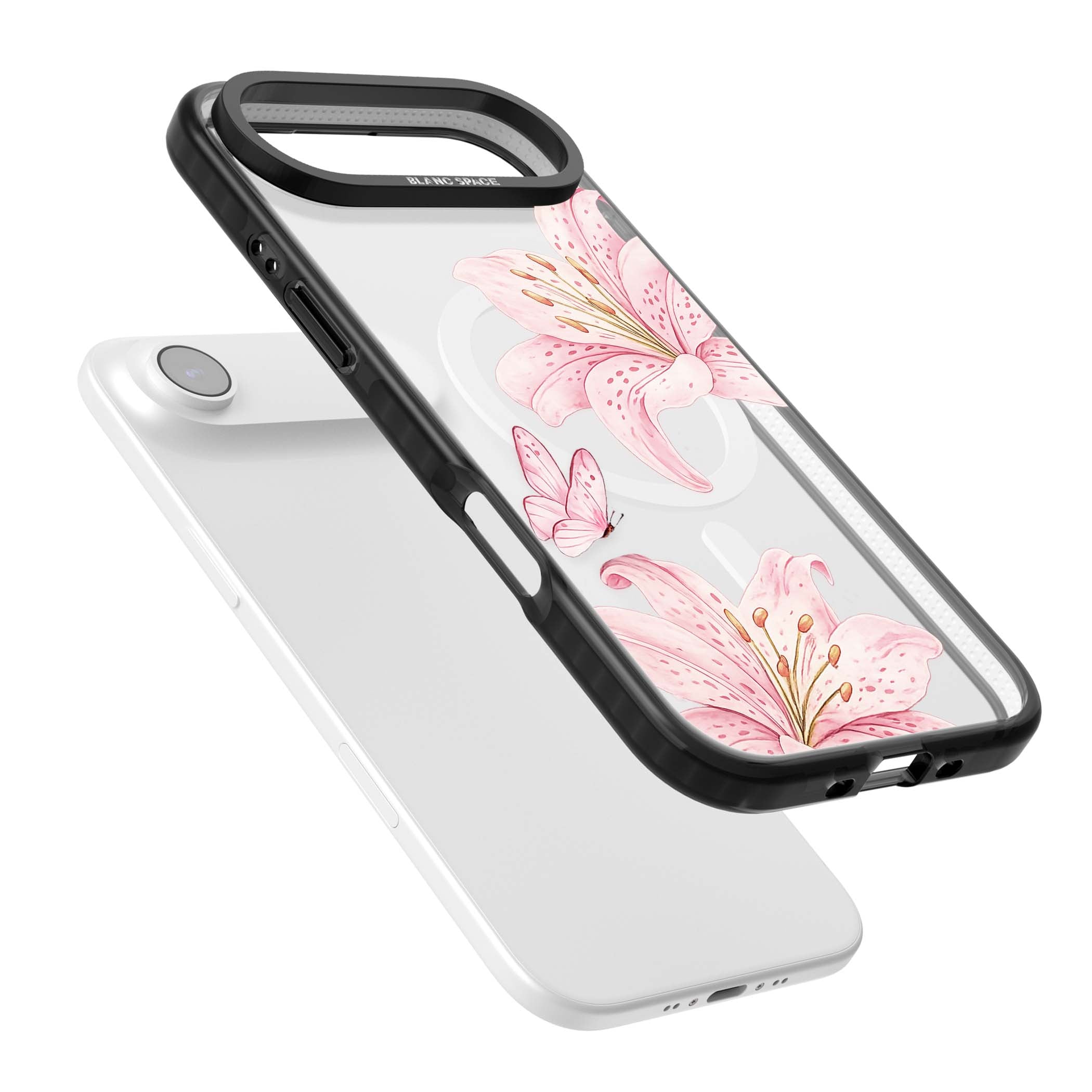 Lily Whisper floral iPhone case featuring pink watercolour lilies and delicate butterflies on a clear background | Black Impact Magsafe case for iPhone Air