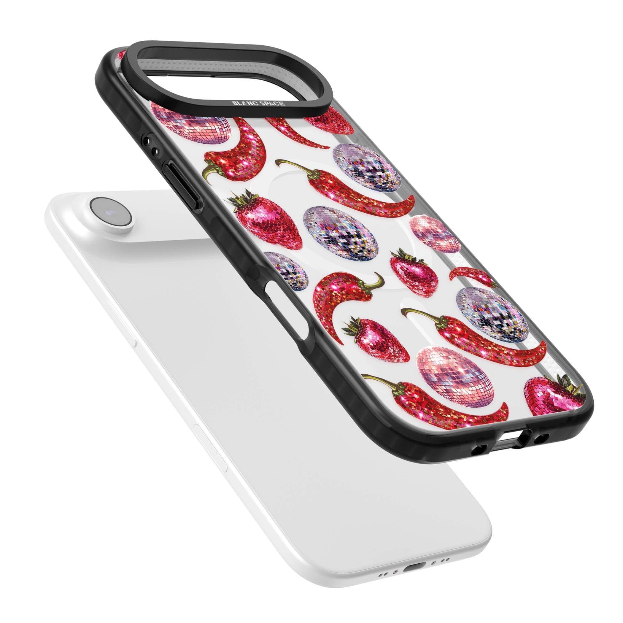 Spicy Disco Y2K iPhone case featuring glitter disco balls, sparkly strawberries and red chilli peppers | Black Impact Magsafe case for iPhone Air