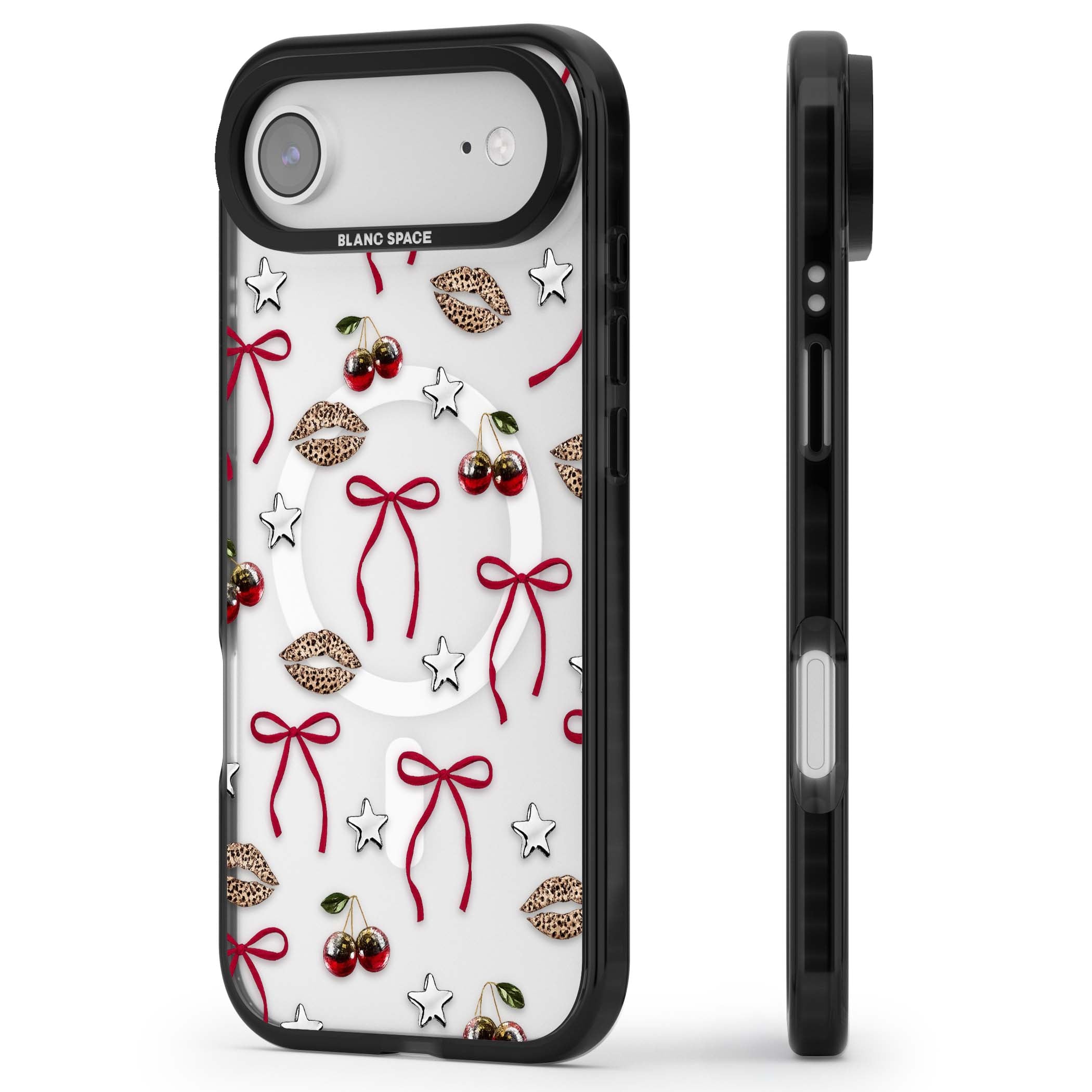 Starlet coquette iPhone case featuring red ribbon bows, disco cherries and leopard-print lips | Black Impact Magsafe case for iPhone Air