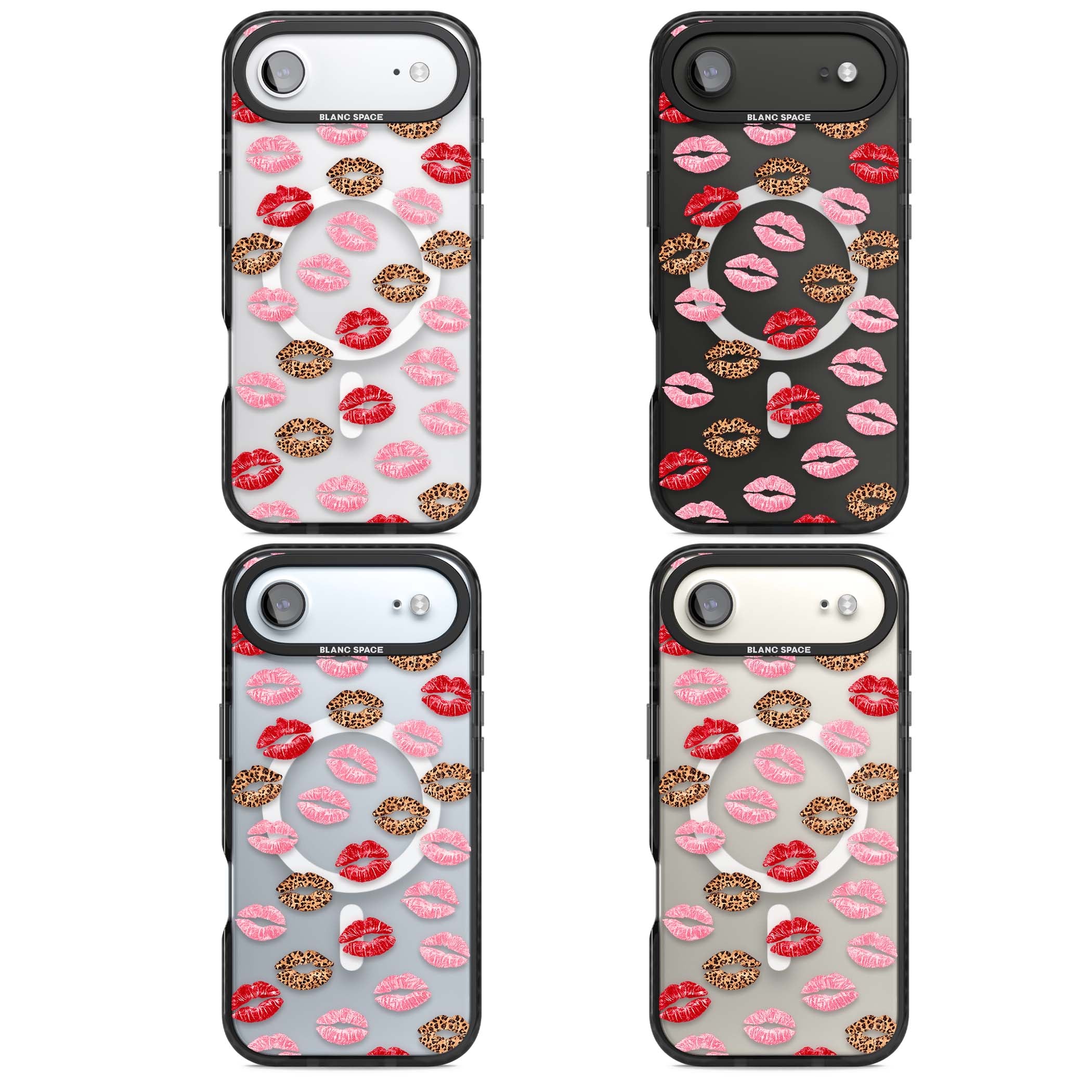 Wild Kisses coquette iPhone case featuring red, pink and leopard print lipstick kiss marks on a clear background | Black Impact Magsafe case for iPhone Air