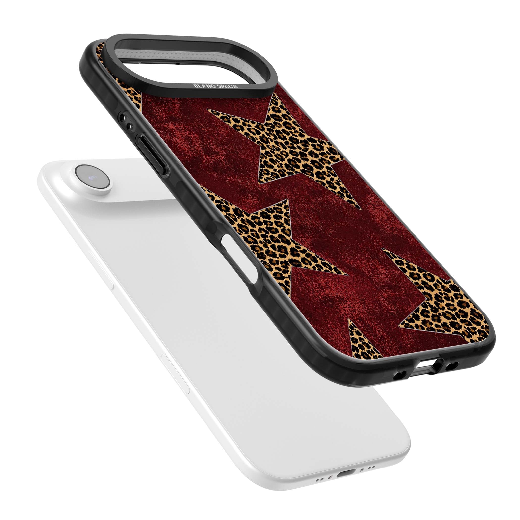 Showgirl leopard print iPhone case featuring cheetah print stars on distressed red grunge background | Black Impact Magsafe case for iPhone Air