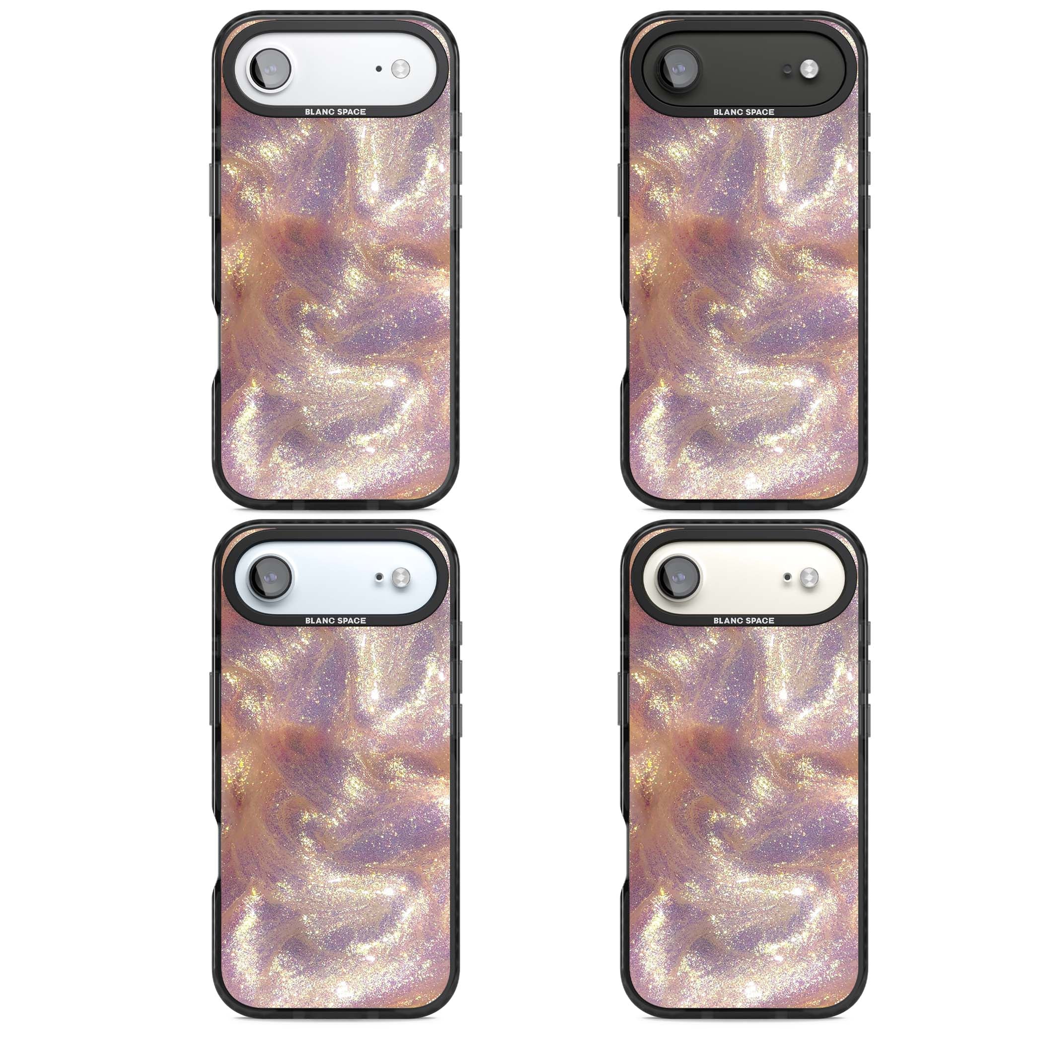 Shimmer marble iPhone case featuring rose gold glitter swirls, lilac shimmer and iridescent pearl finish | Black Impact Magsafe case for iPhone Air
