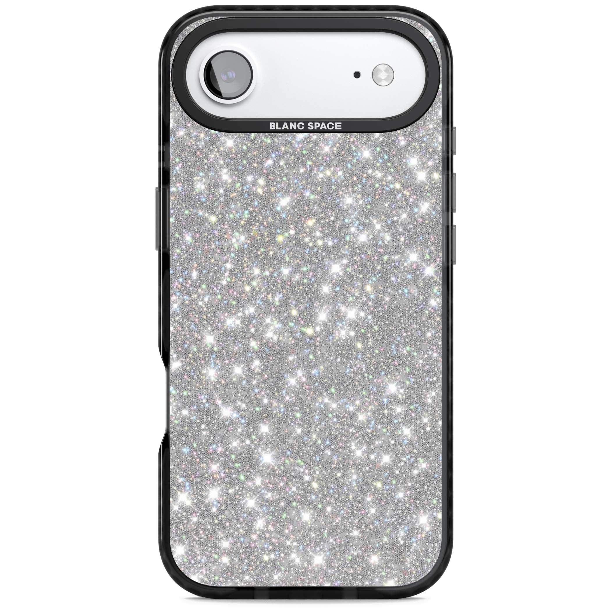 Diamond glam iPhone case featuring silver glitter sparkle and shimmering diamond dust effect | Black Impact Magsafe case for iPhone Air