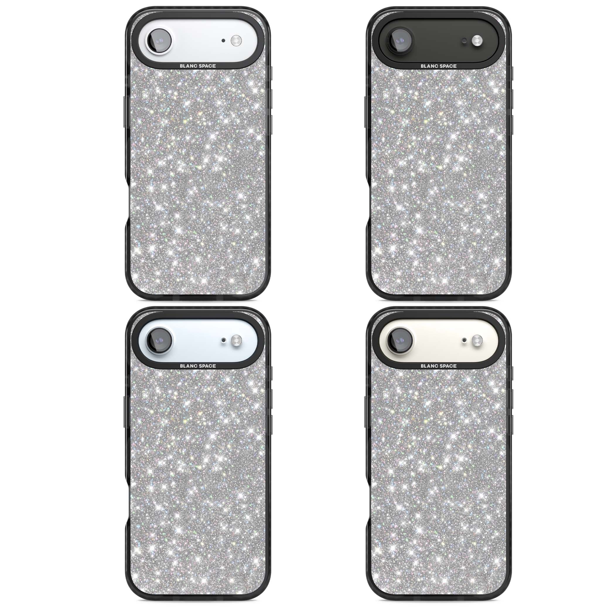 Diamond glam iPhone case featuring silver glitter sparkle and shimmering diamond dust effect | Black Impact Magsafe case for iPhone Air