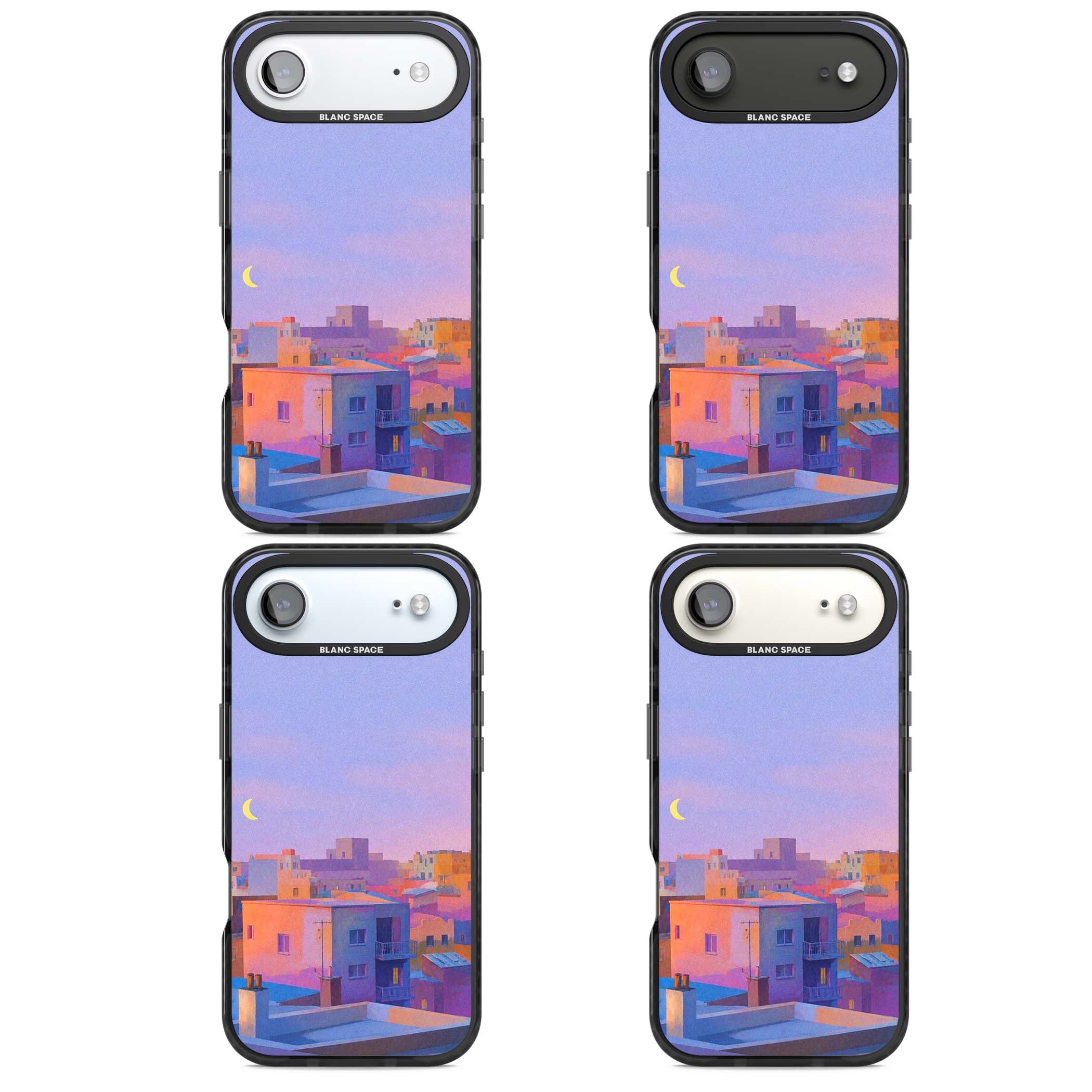 Twilight Rooftops vaporwave iPhone case featuring a pastel sunset cityscape, painted rooftops and a crescent moon. | Black Impact Magsafe case for iPhone Air