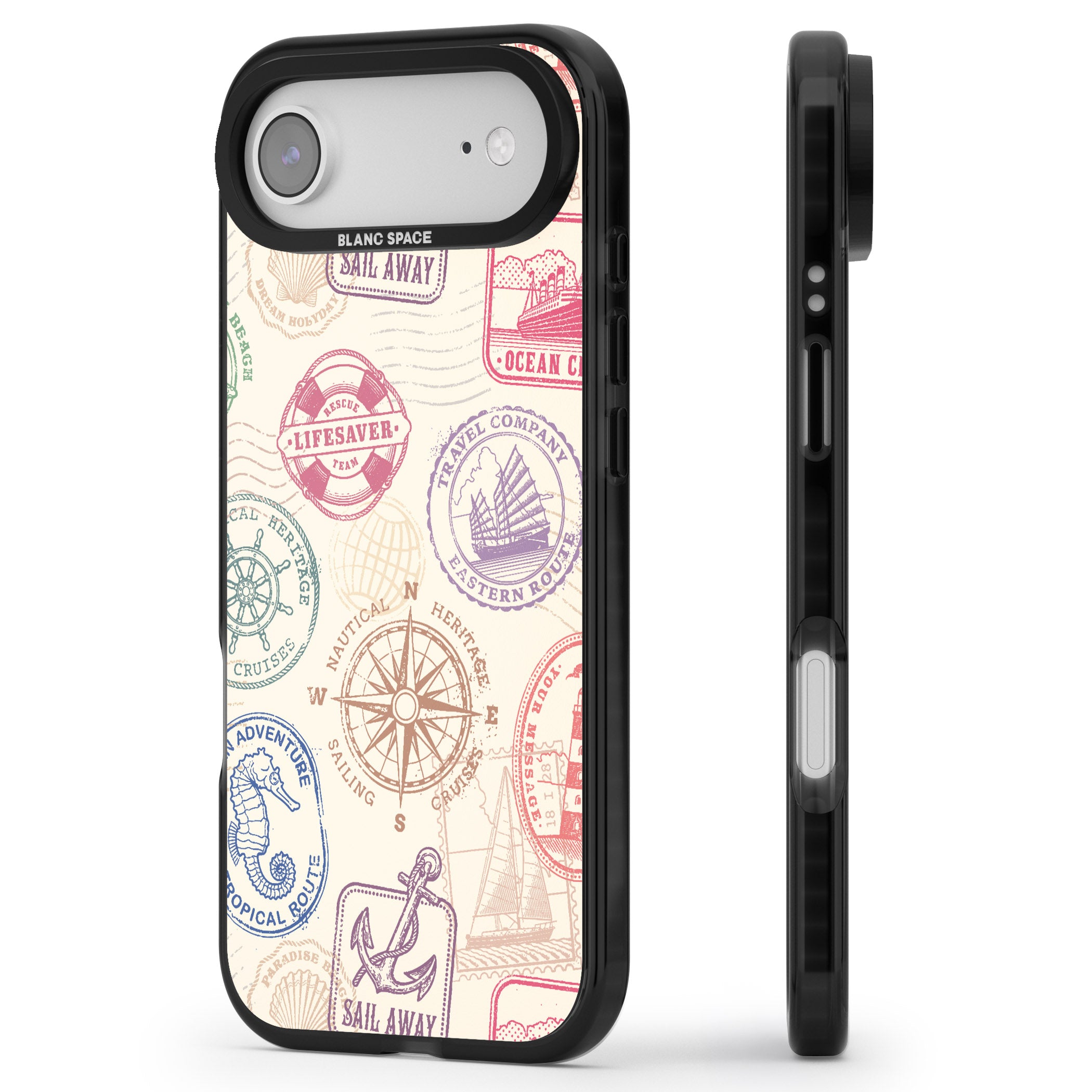 Nautical Stamps iPhone 17 Air Impact Pro Black Phone Case Side Profile