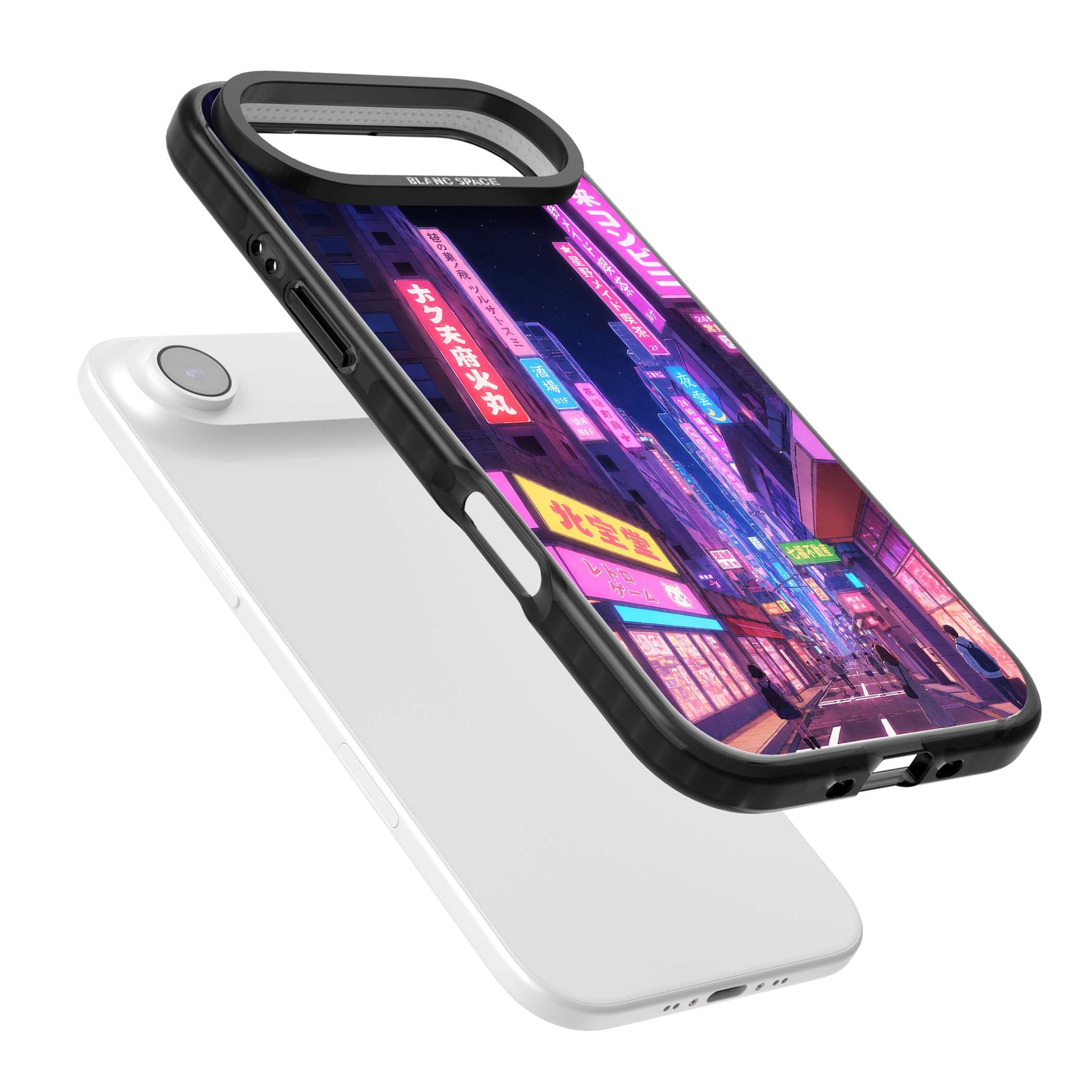 Shibuya At Night Japanese neon city iPhone case featuring glowing kanji signs, pink storefronts and a Tokyo street at n | Black Impact Magsafe case for iPhone Air