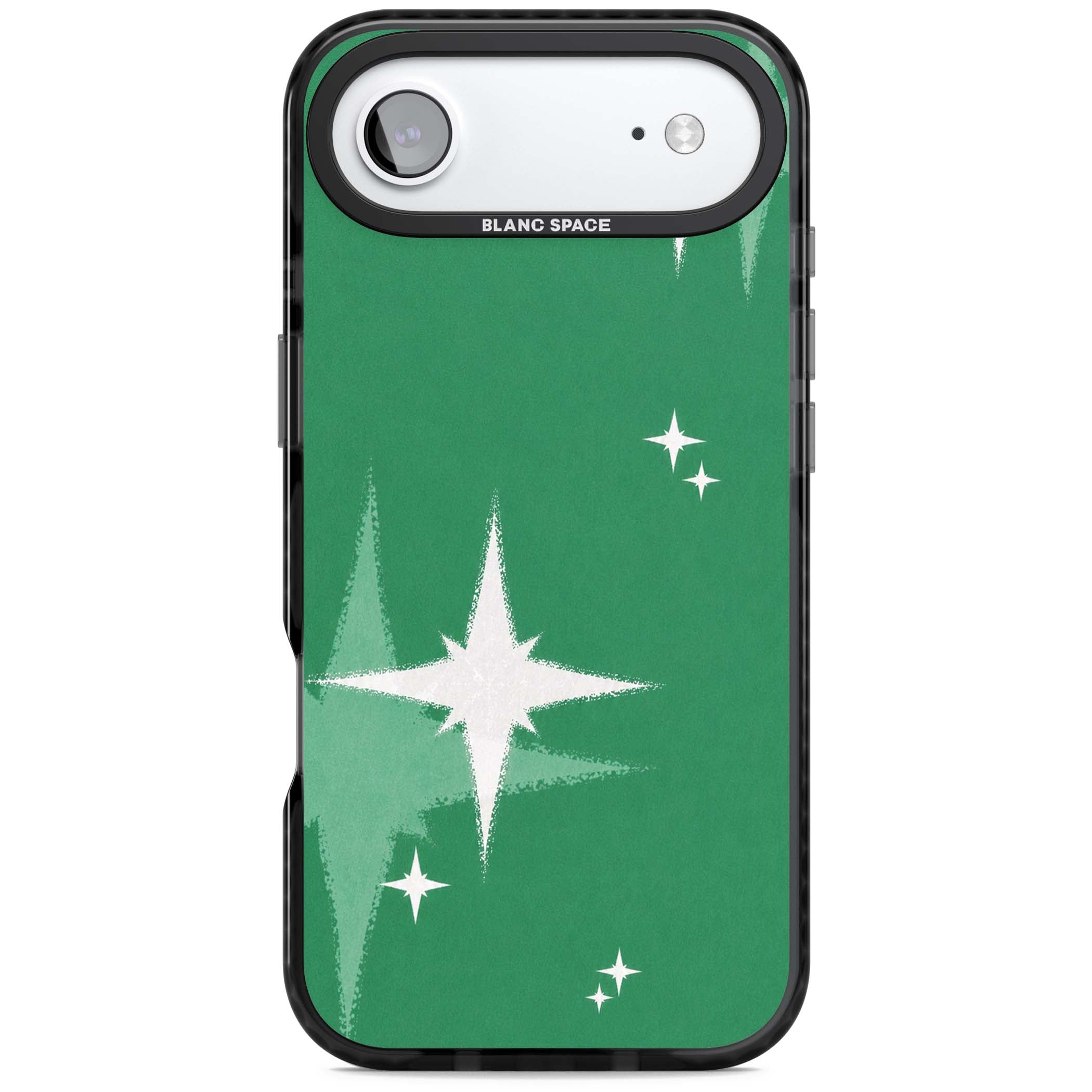 Green Sparkle celestial iPhone case featuring sparkling white four-point stars on a deep green background | Black Impact Magsafe case for iPhone Air