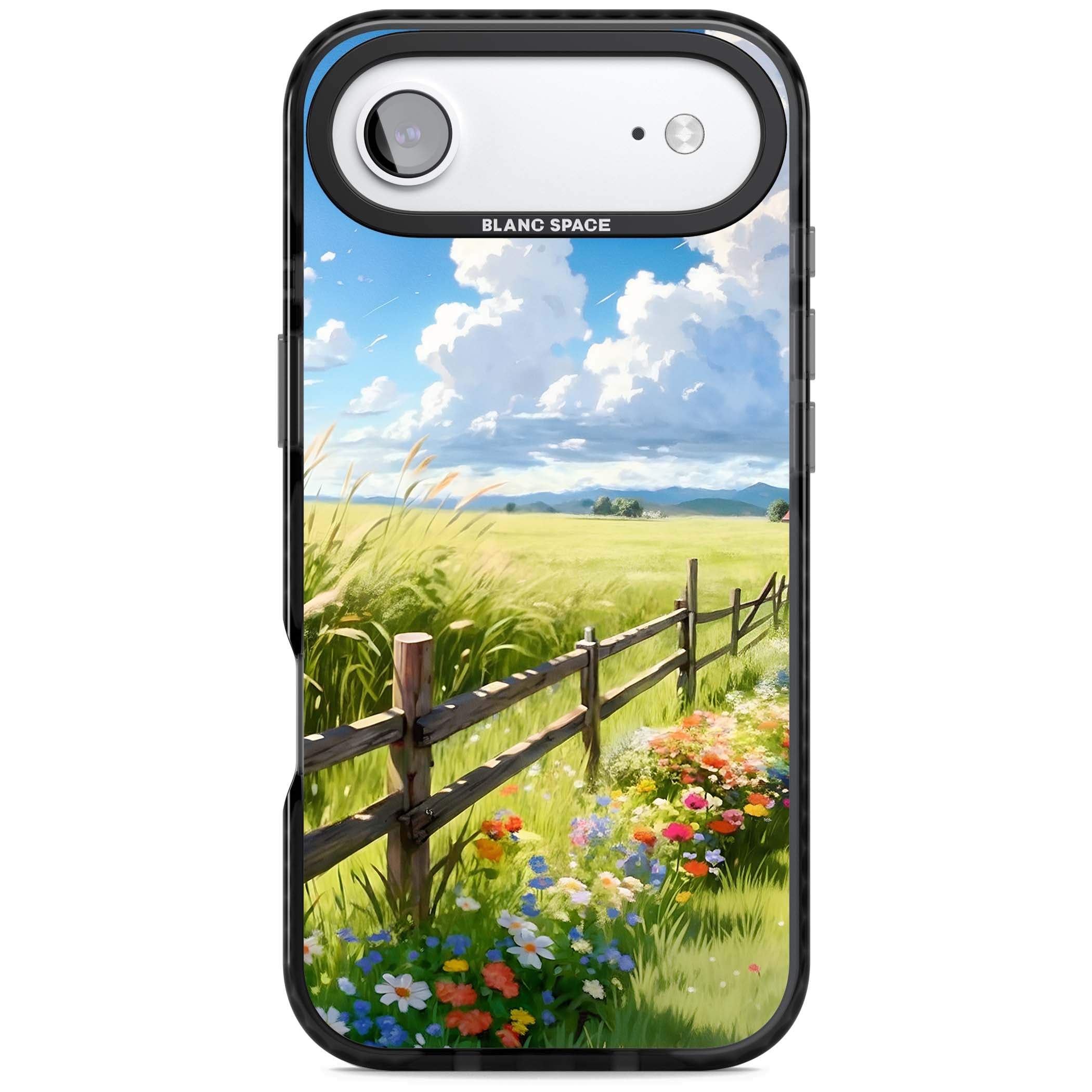 A Countryside Afternoon cottagecore iPhone case featuring a painted countryside meadow, wooden fence, and wildflowers beneath | Black Impact Magsafe case for iPhone Air