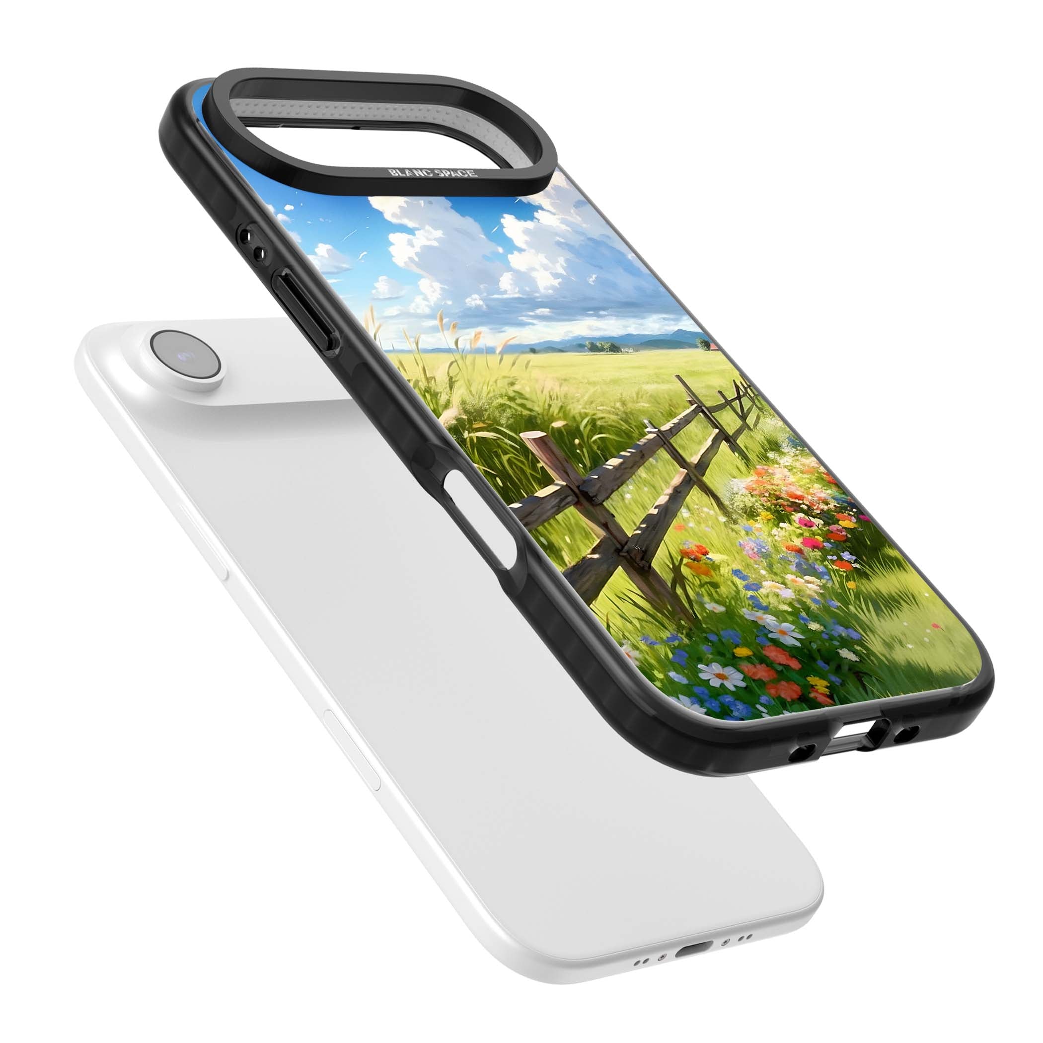 A Countryside Afternoon cottagecore iPhone case featuring a painted countryside meadow, wooden fence, and wildflowers beneath | Black Impact Magsafe case for iPhone Air