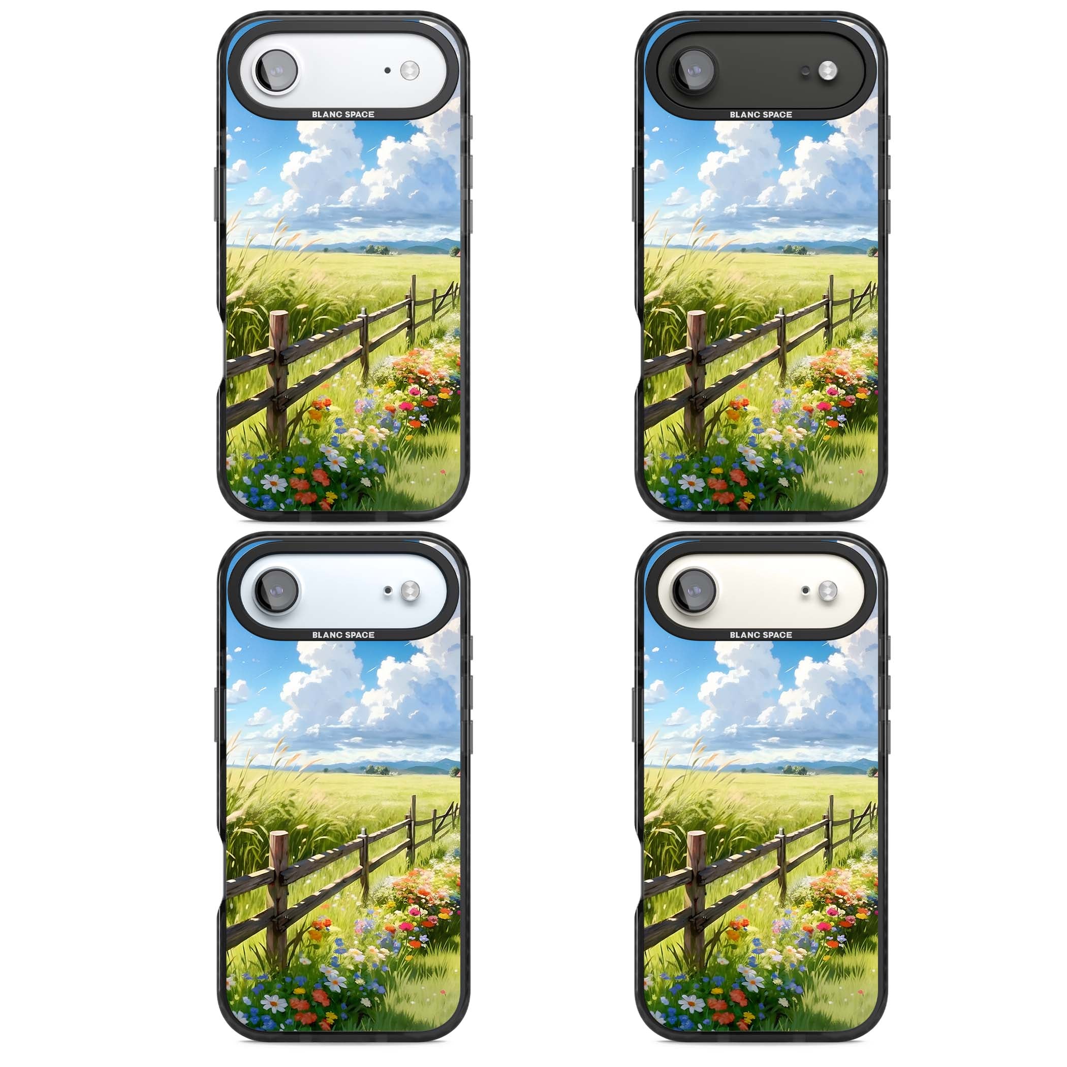 A Countryside Afternoon cottagecore iPhone case featuring a painted countryside meadow, wooden fence, and wildflowers beneath | Black Impact Magsafe case for iPhone Air