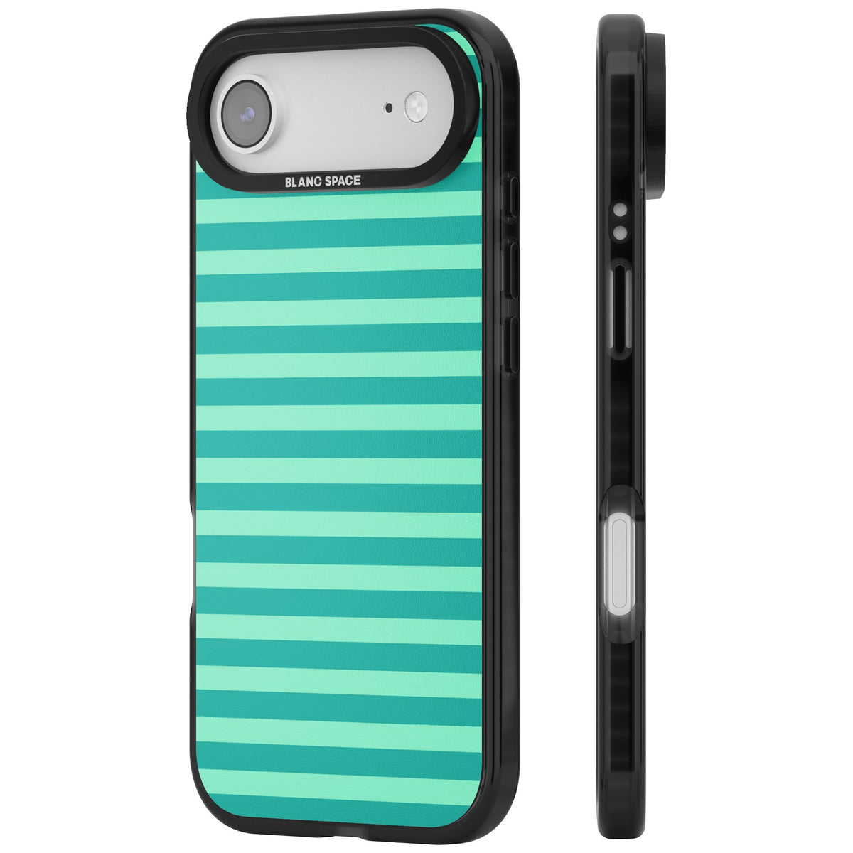 Turquoise Stripe preppy iPhone case featuring horizontal teal and mint green stripes on a black protective frame iPhone Air / iPhone 17 Air Impact Pro Black Phone Case side