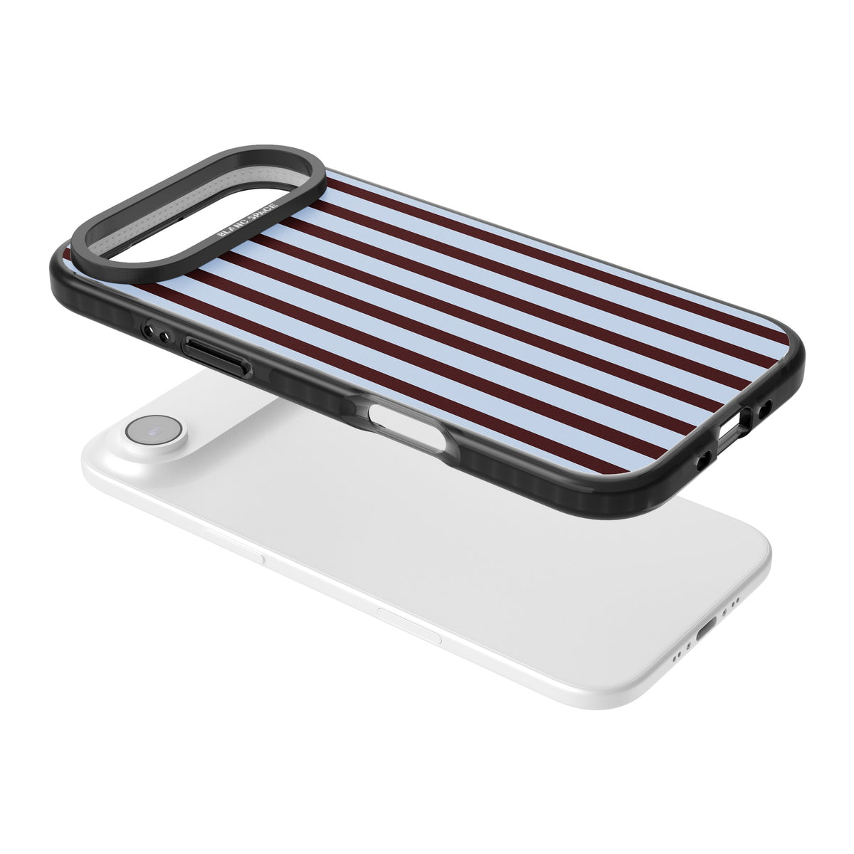 Blackcurrant Stripe preppy iPhone case featuring vertical burgundy and light blue stripes in a classic pinstripe layout iPhone Air / iPhone 17 Air Impact Pro Black Phone Case angled