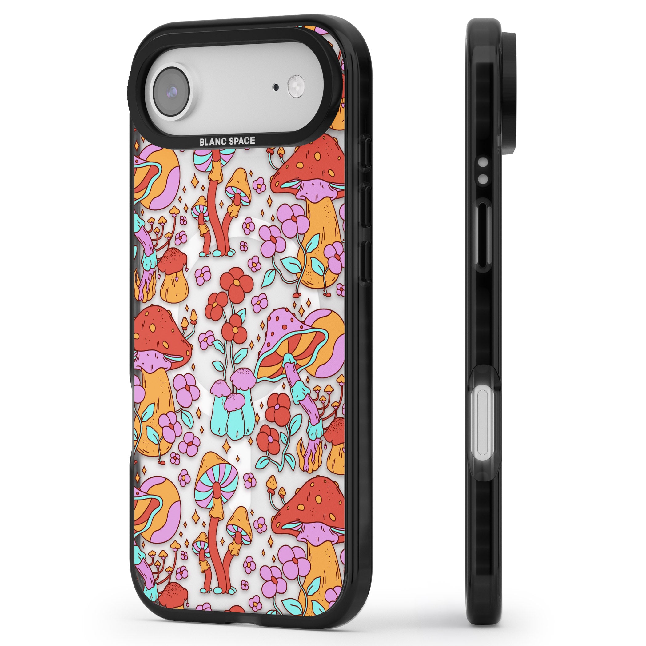 Psychedelic Flowers & Mushrooms iPhone 17 Air Impact Pro Black Phone Case Side Profile