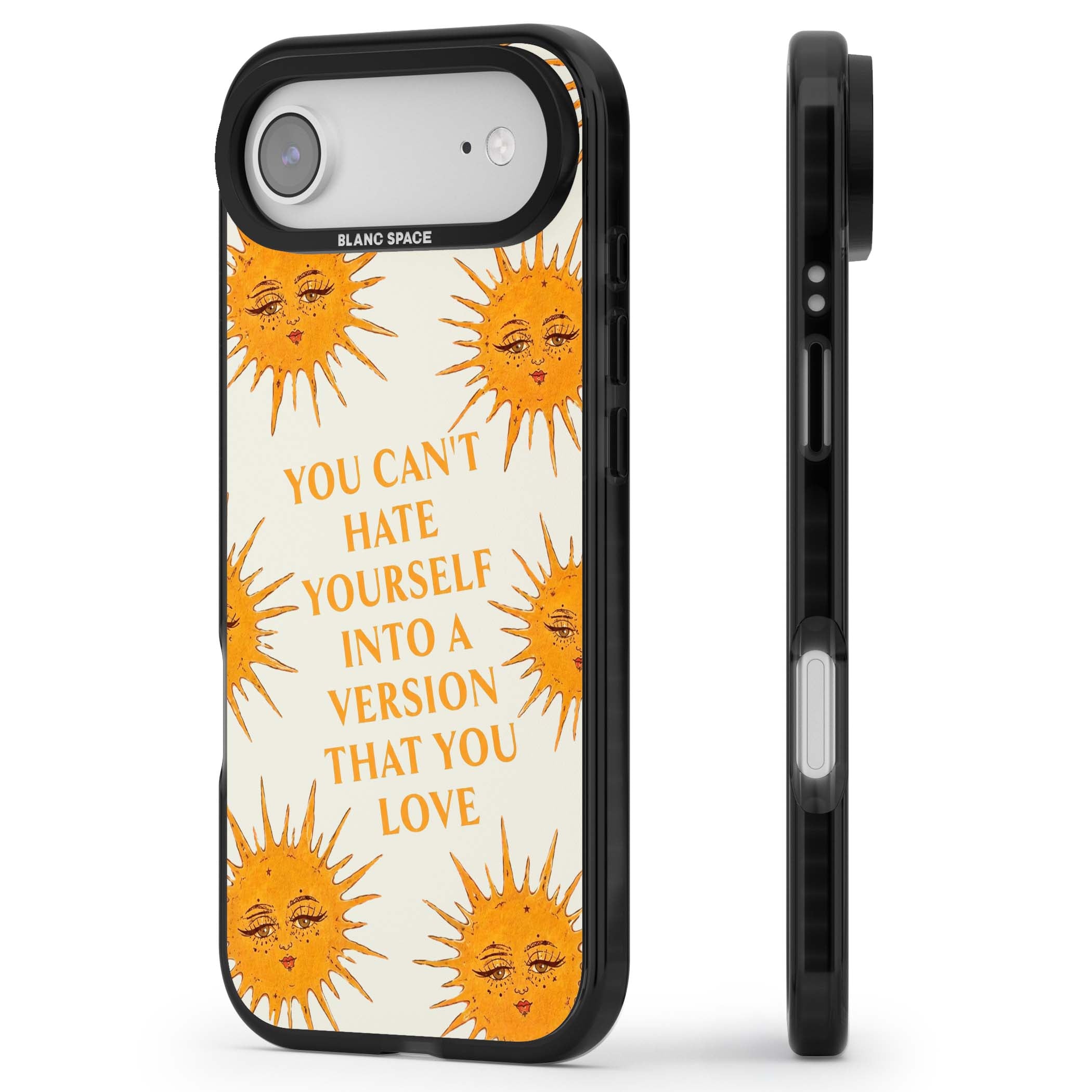 Don't Hate Yourself celestial iPhone case featuring vintage sun faces, ochre rays and a self-love quote | Black Impact Magsafe case for iPhone Air
