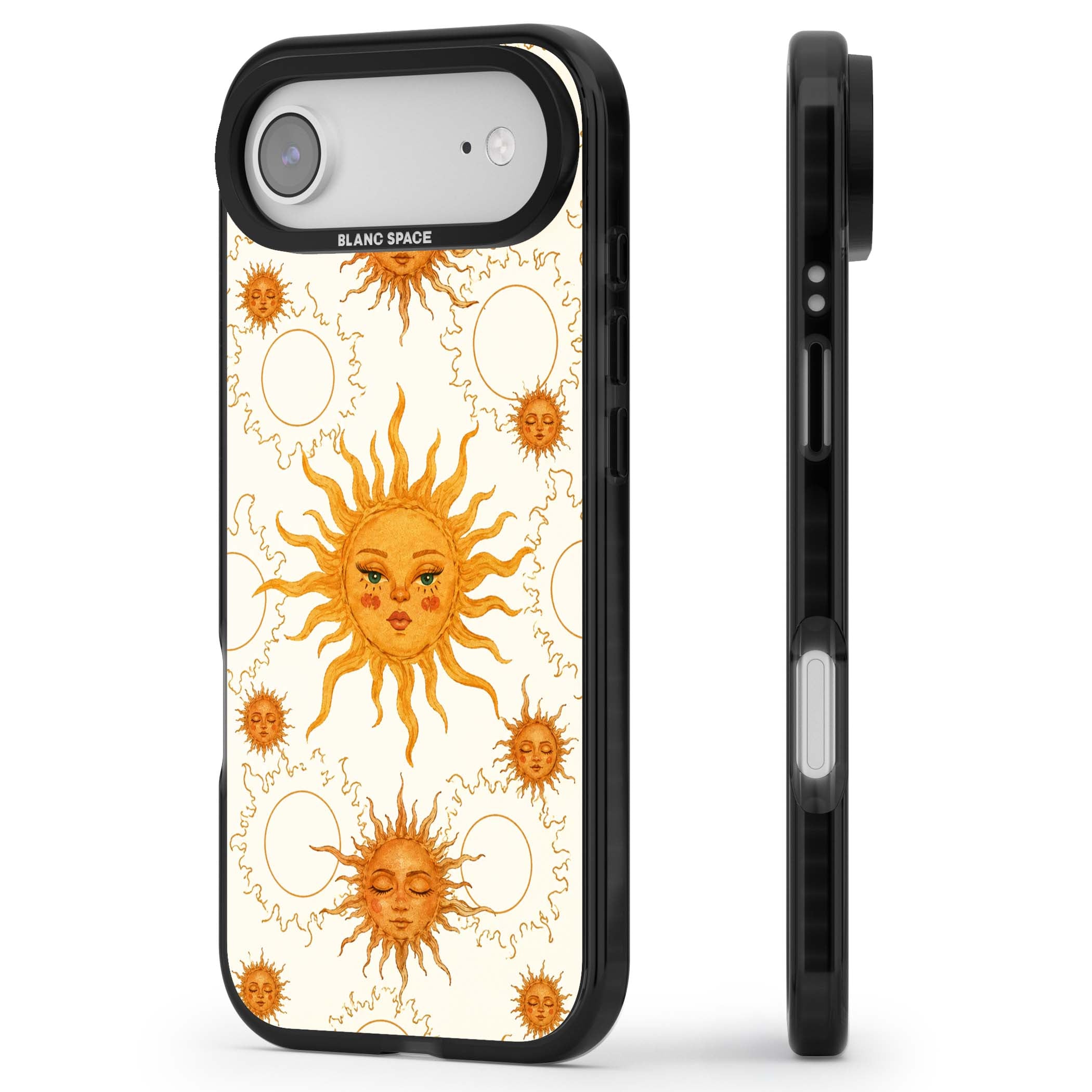Solstice Muse celestial iPhone case featuring hand-painted golden sun faces, closed-eye sun goddesses and outlined moons... | Black Impact Magsafe case for iPhone Air