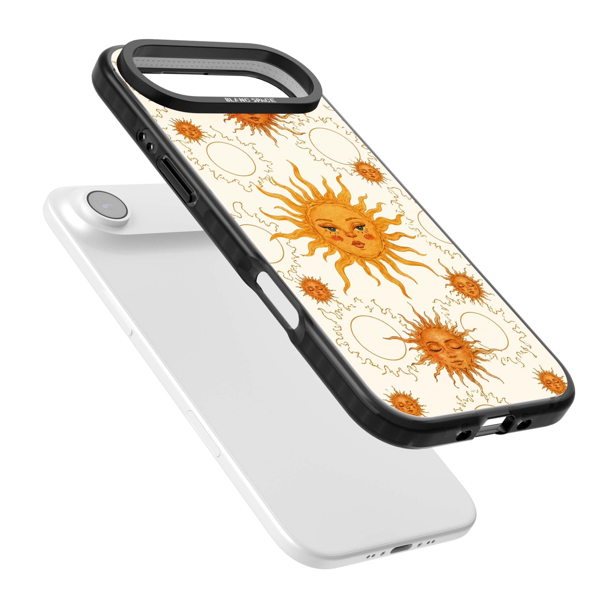 Solstice Muse celestial iPhone case featuring hand-painted golden sun faces, closed-eye sun goddesses and outlined moons... | Black Impact Magsafe case for iPhone Air