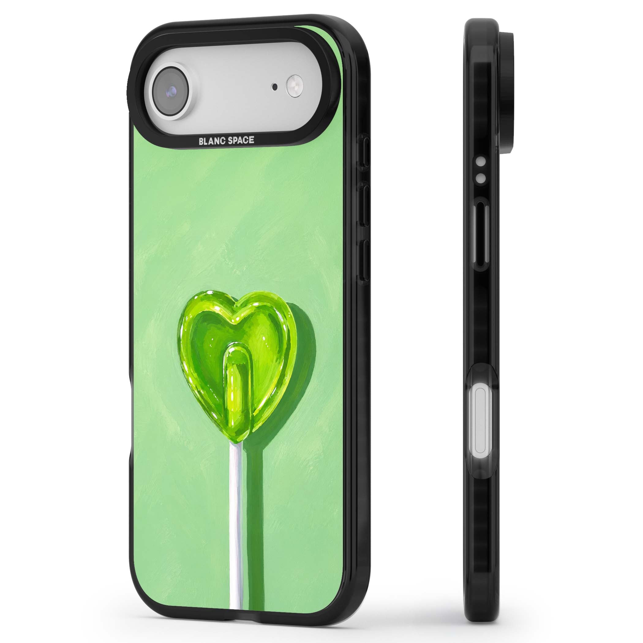 Green Lollipop candy art iPhone case featuring a glossy green heart-shaped lollipop on a painted pastel green background | Black Impact Magsafe case for iPhone Air