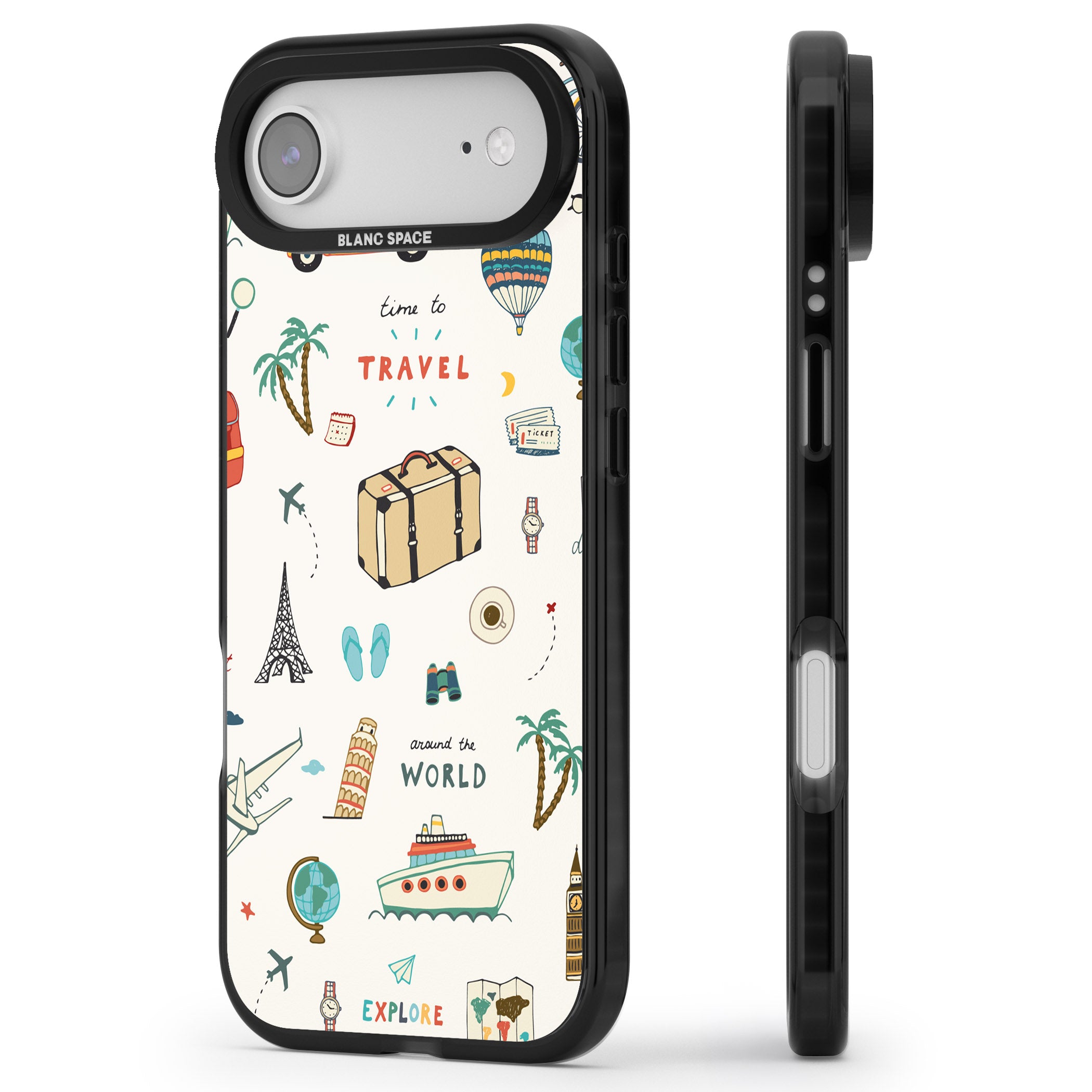 Cute Travel Pattern Cream iPhone 17 Air Impact Pro Black Phone Case Side Profile