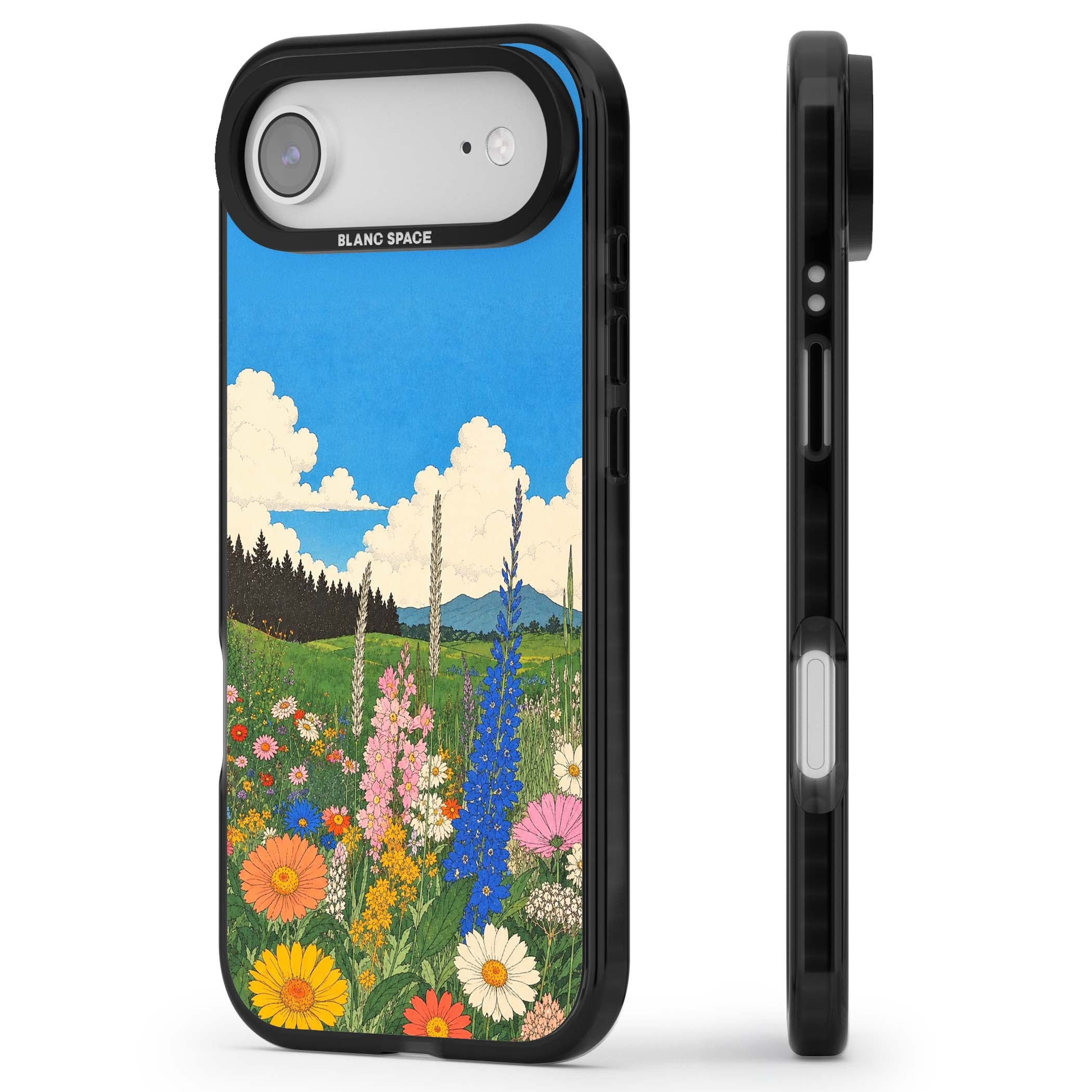 Wildbloom wildflower iPhone case featuring a vintage Japanese-style meadow landscape with daisies, delphiniums and moun | Black Impact Magsafe case for iPhone Air