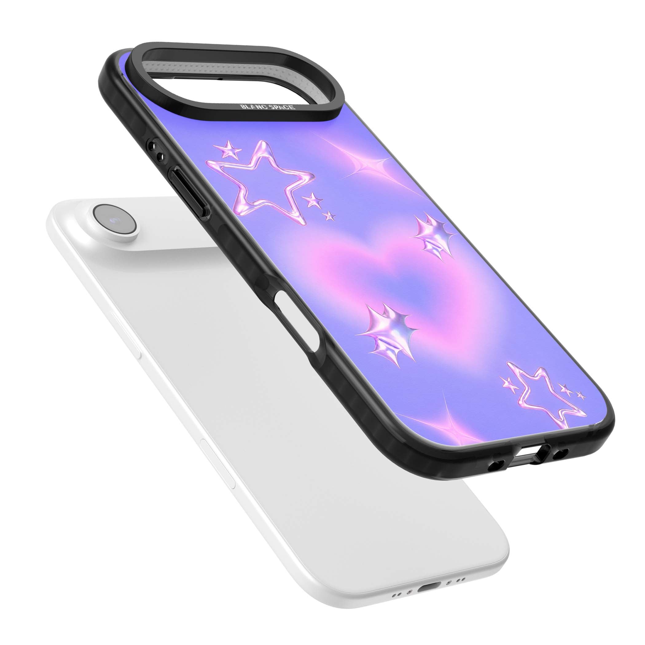 Soft Sugar Y2K iPhone case featuring iridescent chrome hearts, metallic pink stars and a lavender gradient sky | Black Impact Magsafe case for iPhone Air