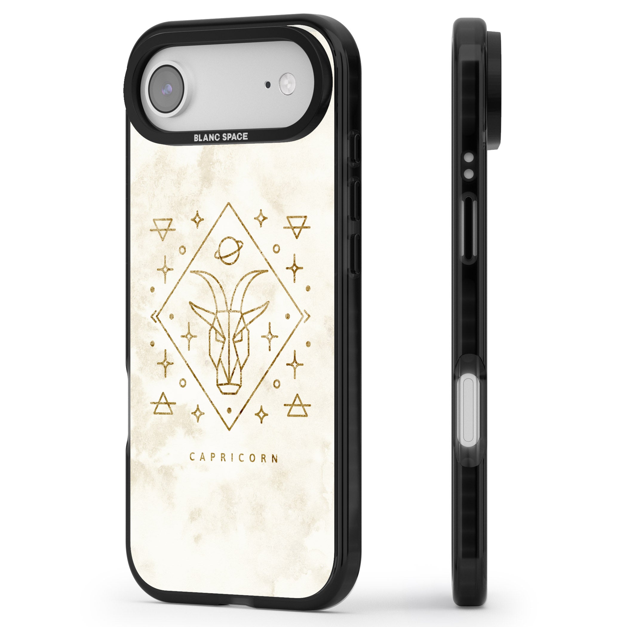 Capricorn Gold Zodiac Design iPhone 17 Air Impact Pro Black Phone Case Side Profile