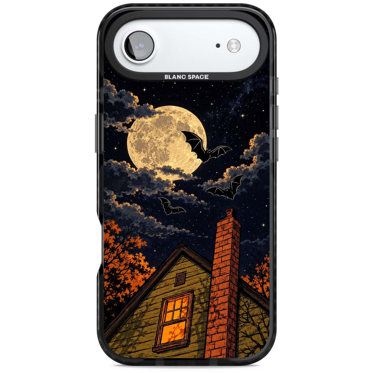 Hollows Eve Halloween iPhone case featuring a haunted house, full moon and flying bats against a starry autumn sky | Clear Impact case for iPhone Air