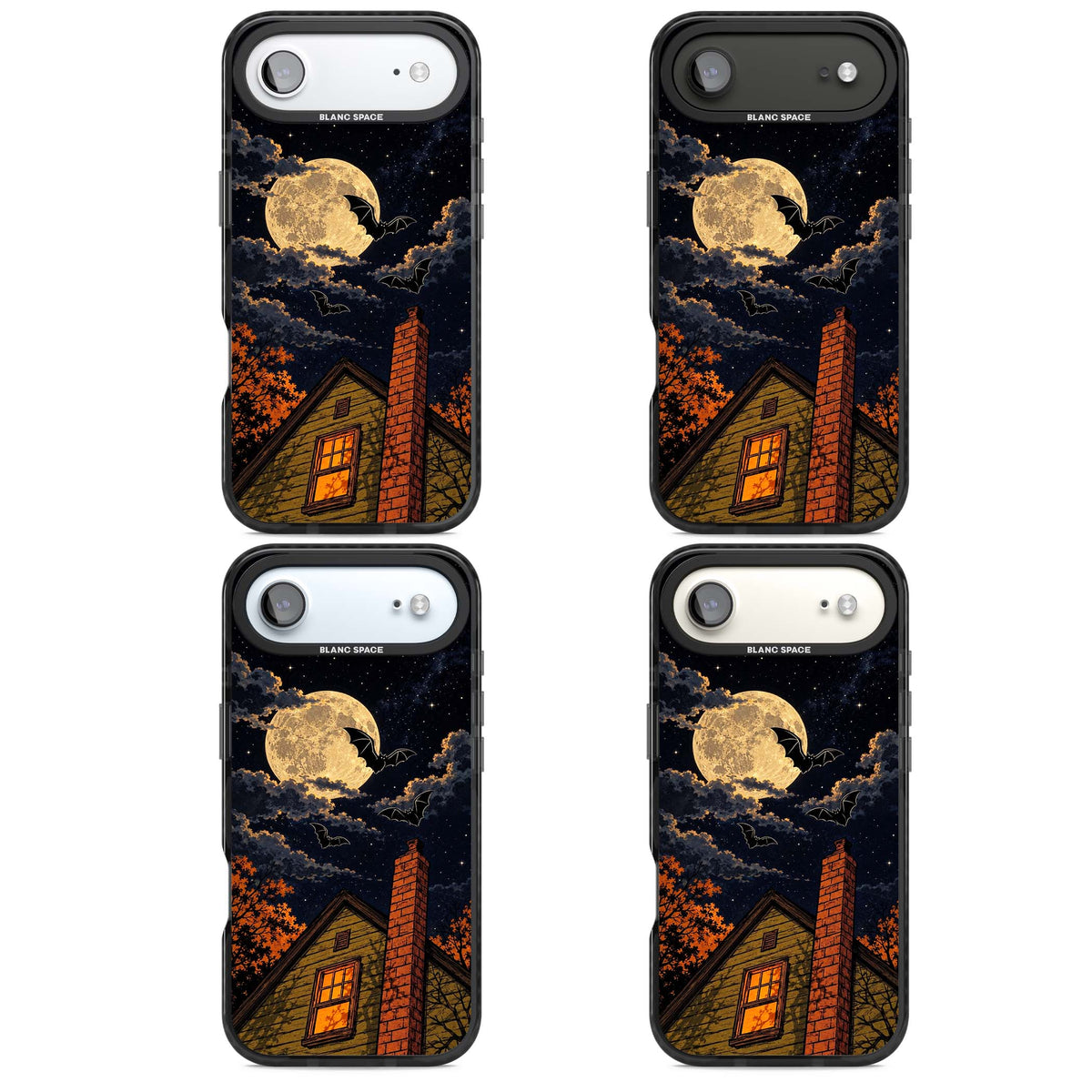 Hollows Eve Halloween iPhone case featuring a haunted house, full moon and flying bats against a starry autumn sky | Clear Impact case for iPhone Air