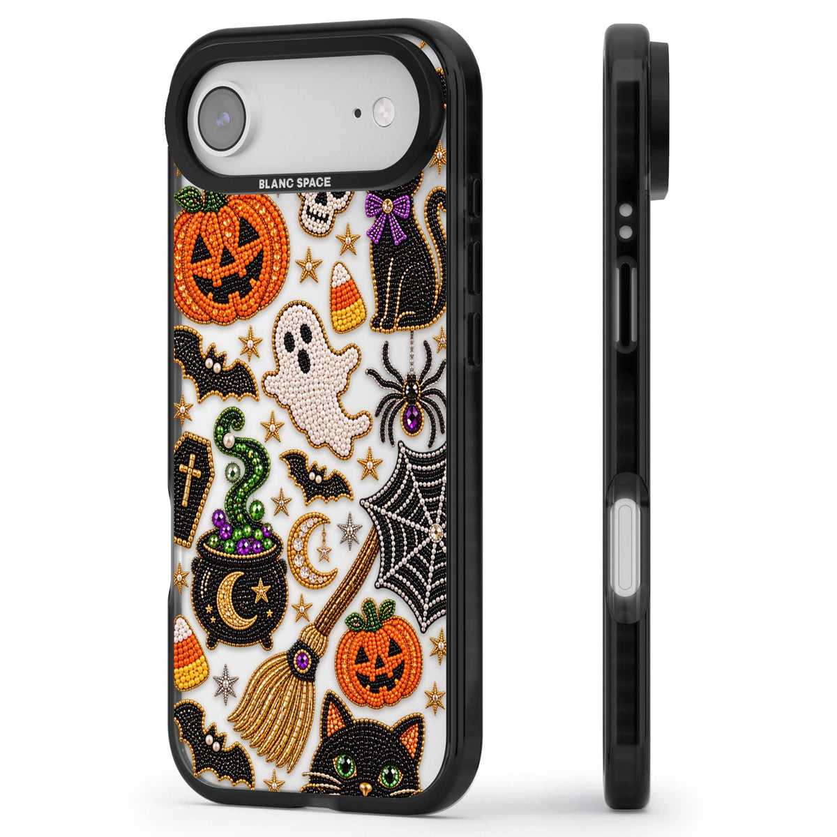 Beaded Halloween Halloween iPhone case featuring beaded pumpkins, ghosts, black cats and bats | Clear Impact case for iPhone Air